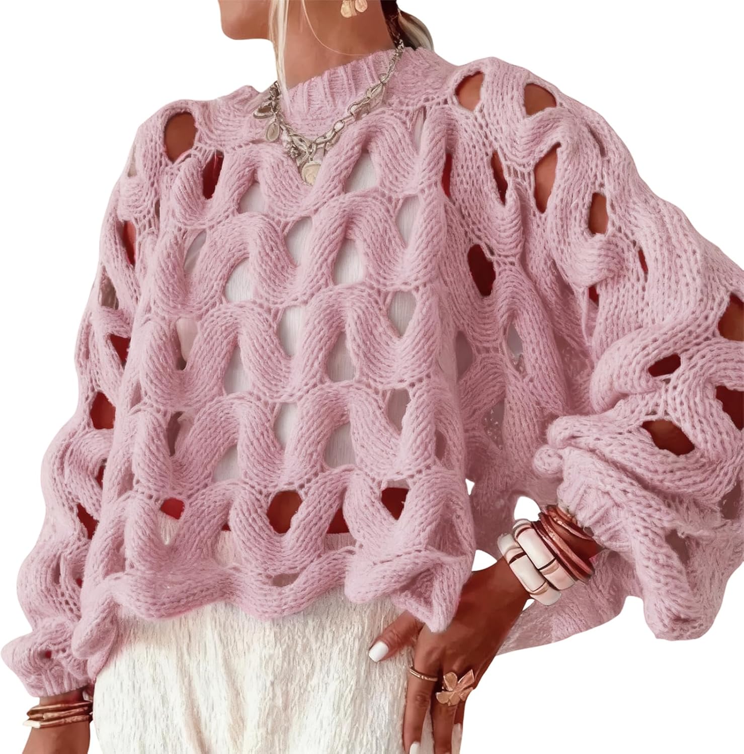 Yimoon Women's Hollow Out Pullover Sweater Oversized Long Sleeve Crew Neck Crochet Chunky Knitted Sweater
