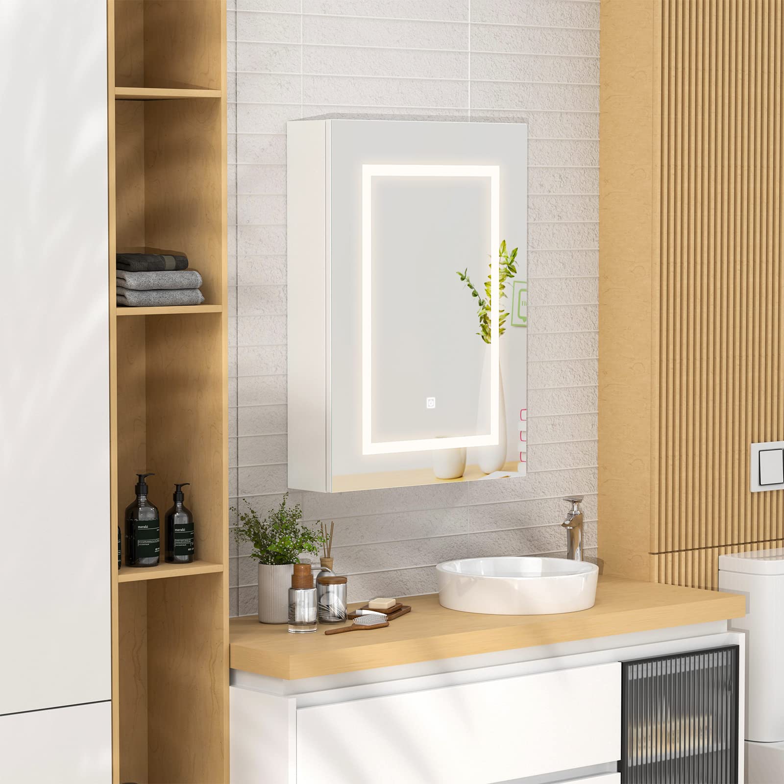 KEEPREAPER Spiegelschrank Bad mit Beleuchtung, Badschrank hängend mit Spiegel und 3 Einlegeböden, Badzimmerschrank für Badezimmer modern, 50x13x70cm
