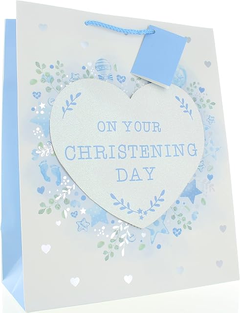 Large Blue Christening Boy Gift Bag - Blue Footprints Stars Glitter Heart 13x10"
