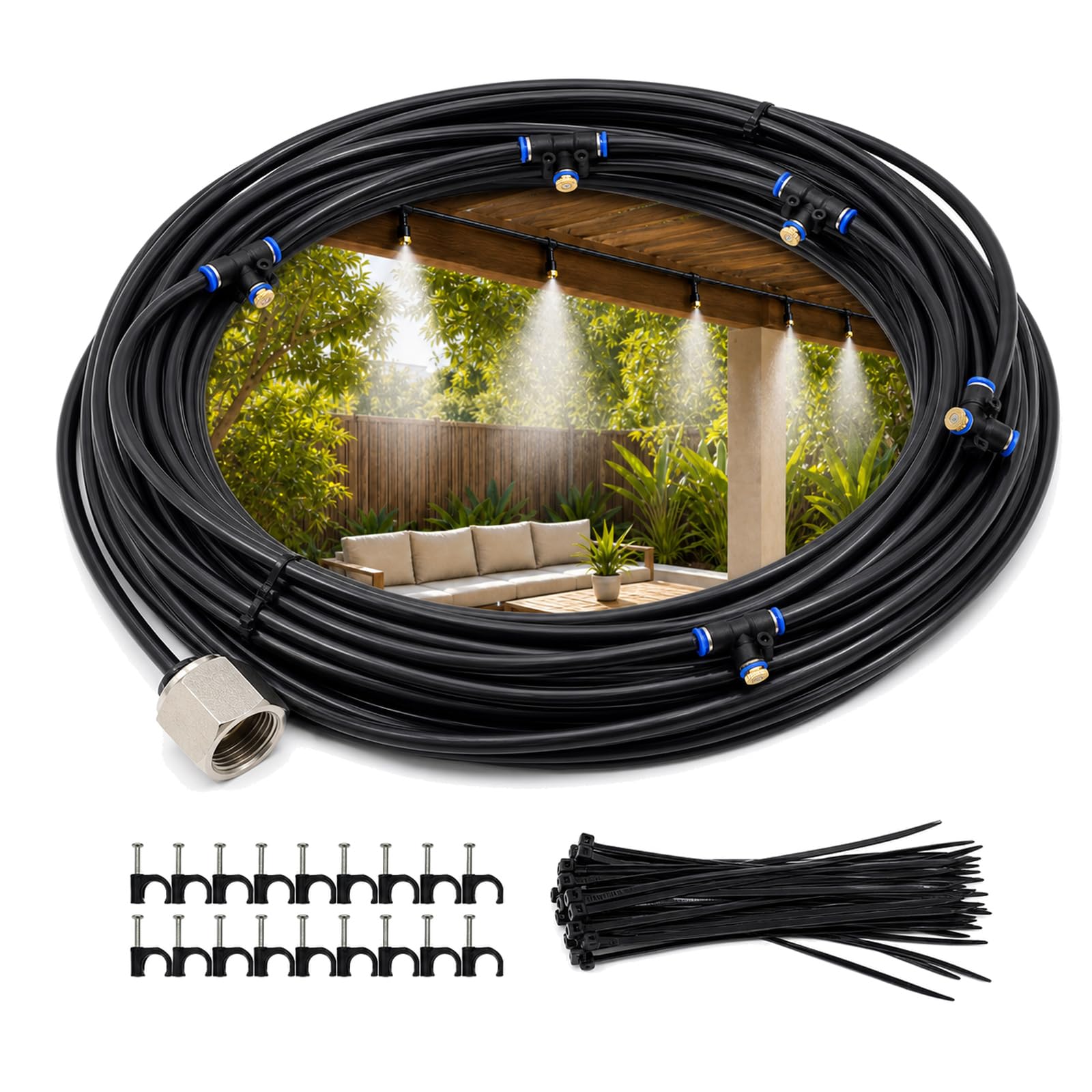 Kit Brumisateur Terrasse,Brumisateur pergola,Kit D’Irrigation,Système de Refroidissement par Brume avec Tuyau,Refroidissement,Élimination des poussières,pourJardin,Terrasse,Balcon