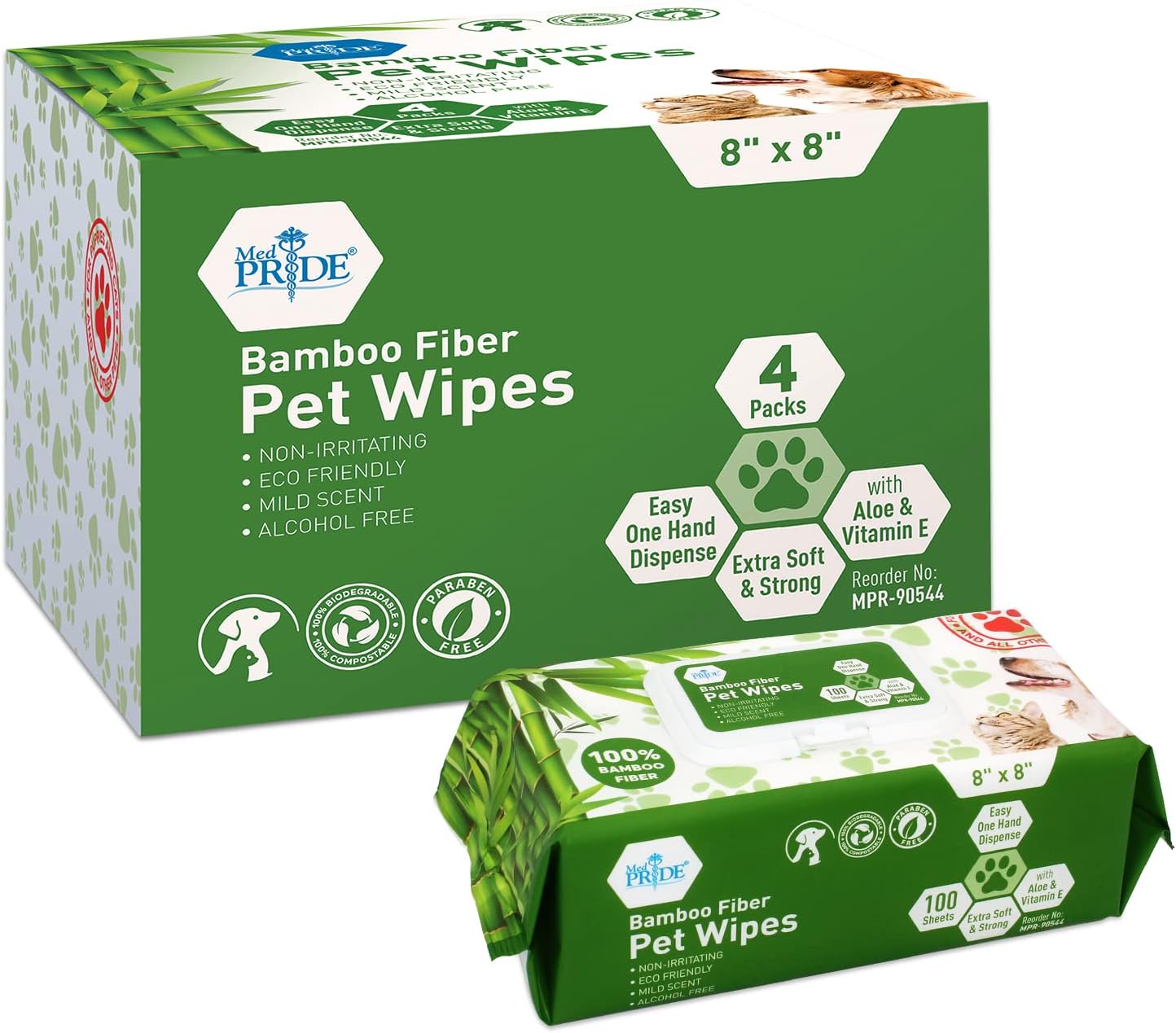 MED PRIDE 100 Bamboo Fiber Pet Wipes [4 Packs = 400 Wipes