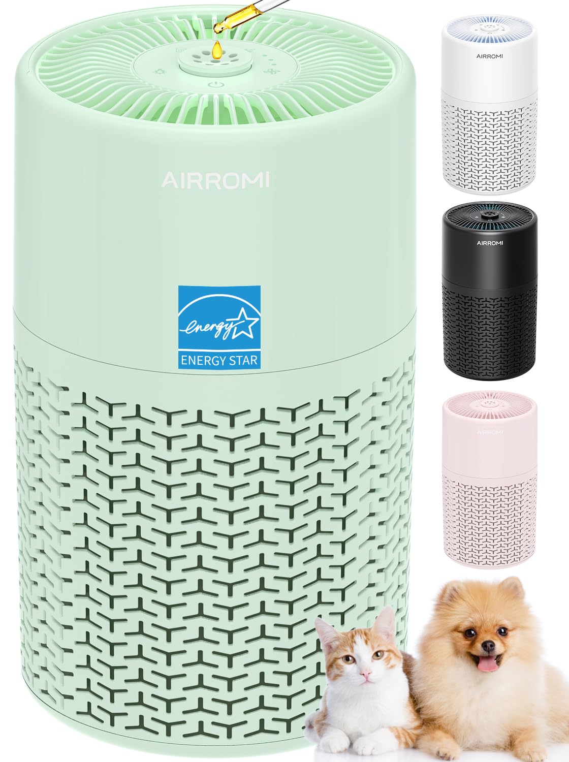AIRROMI Pets Air Purifier for Home Allergies,Up to 660 ft². HEPA Deodorizing Activated Carbon Filter,With Fragrance Sponge for Better Sleep,Night Light,Pet Dander,Smoke,Odors,Air Cleaner A2002 Green
