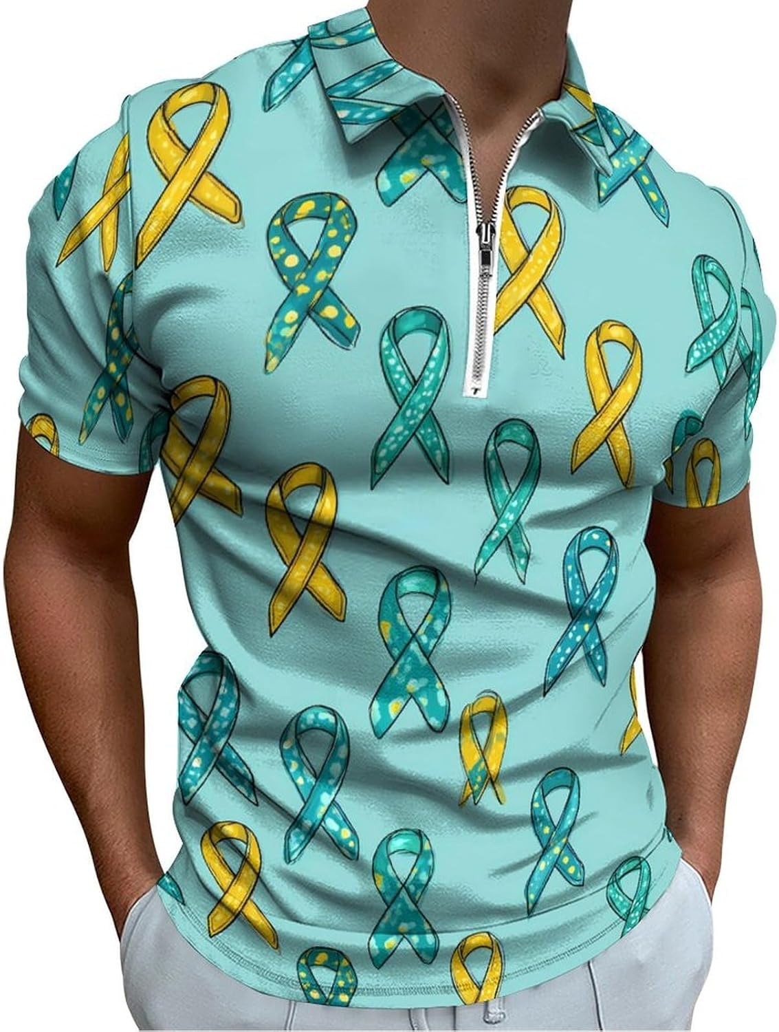 Teal Ribbon Painted Ovarian Cancer Men's Polo Shirts Golf Short Sleeve Tops | Casual Workout,Golf T-Shirt,Zippered Tee,Collared,Print