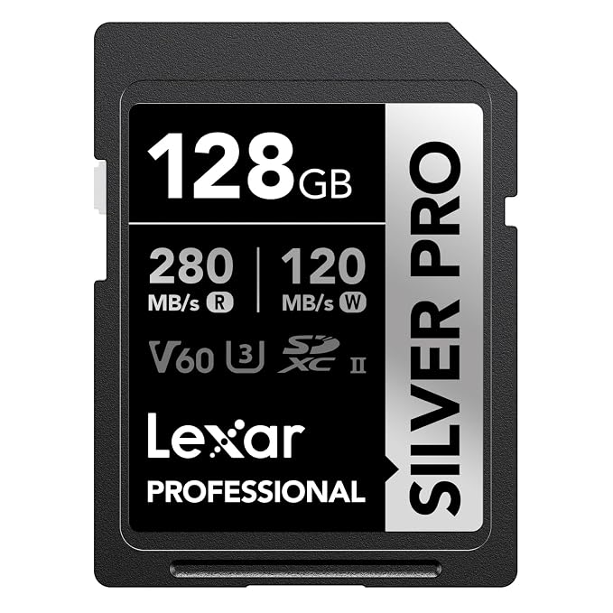 Lexar Professional Silver PRO 128GB SDXC UHS-II Memory Card, Up to 280MB/s Read, 120MB/s Write, V60 U3, High-Speed SD Card for Professional Cameras, DSLR, Mirrorless Camera, 4K Video & Photography