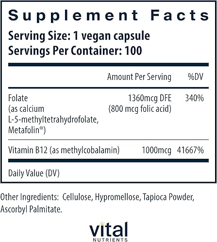 Miniatura 2 de Vital Nutrients - Vitamina B12  folato de metilo - Apoya la función de células cerebrales saludables - 100 cápsulas vegetarianas por botella