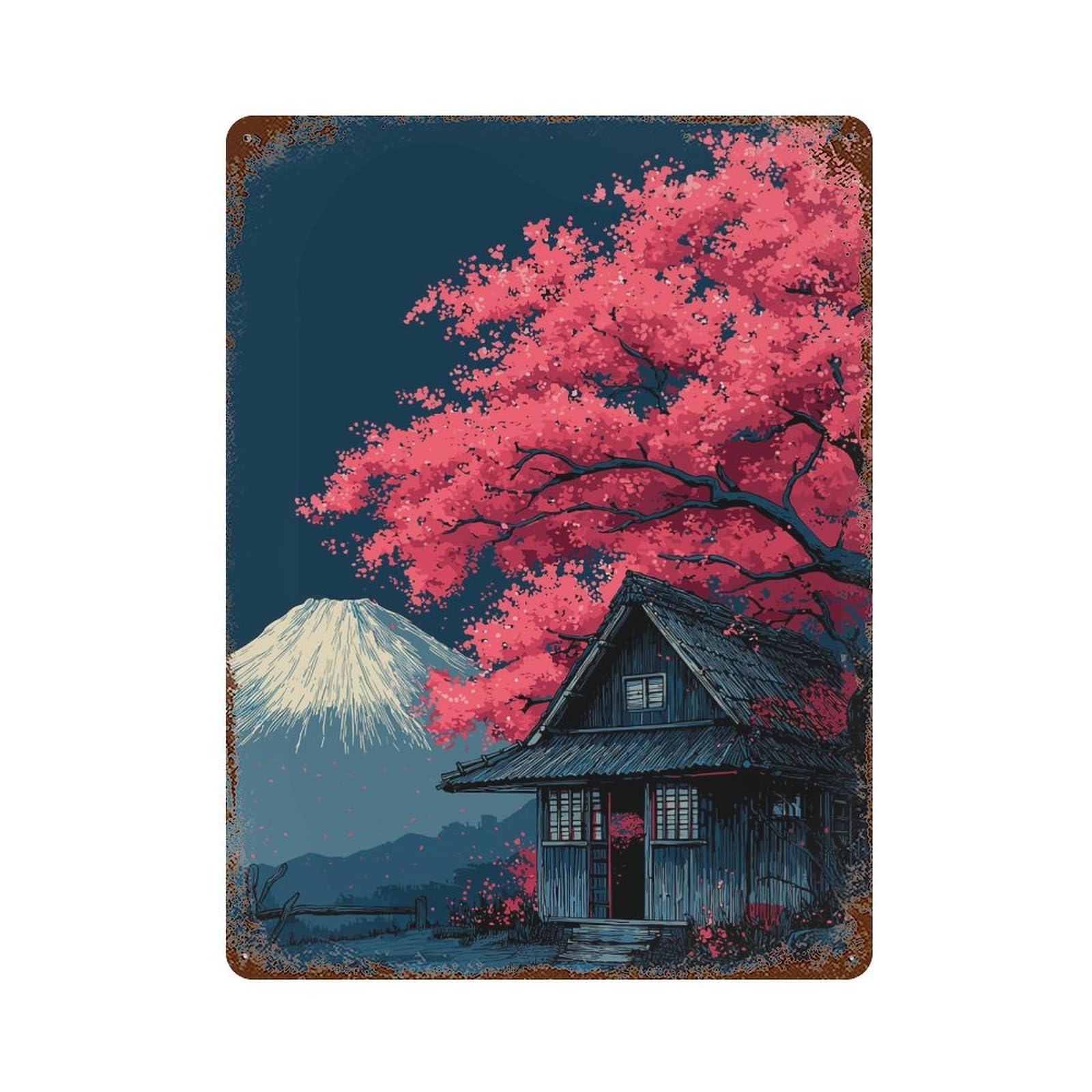Distressed Metal Wall Sign with Japanese House with Cherry Blossom Tree Design 15.7"x11.8", for Farmhouse, Kitchen And Entryway Decor, Old School Wall Decor