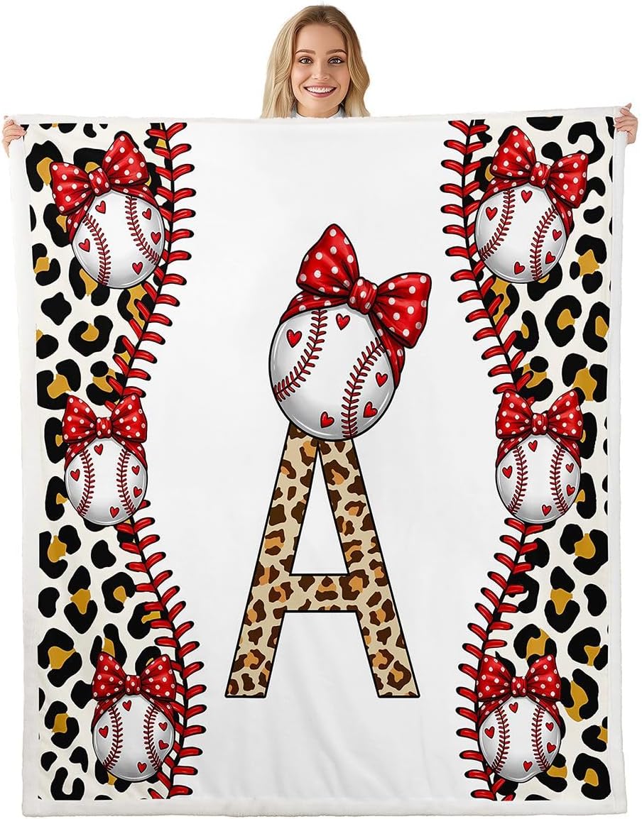 Erosebridal Red Bow Baseball Fleece Blanket Personalized Leopard Print Letter A Sherpa Blanket 60"x80" | Initial A to Z Letter Monogrammed Fuzzy Plush Throw
