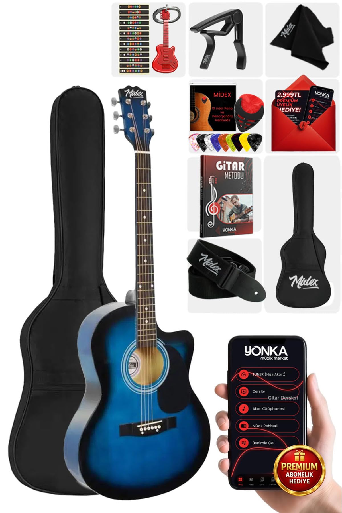 Midex RG-540BL Kaliteli Kesik Kasa Mavi 40 İnç Akustik Gitar…