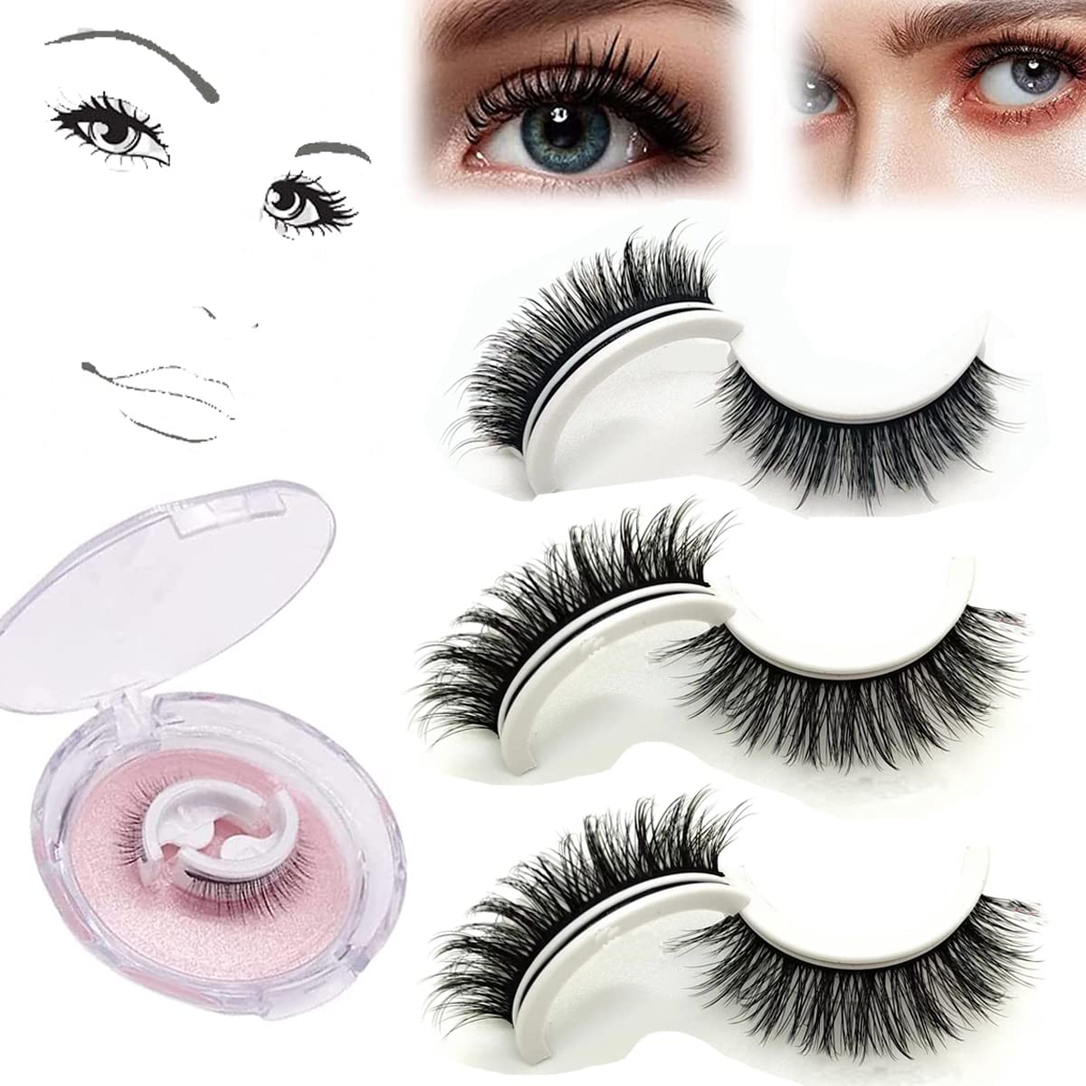 2023 Glazylash Reusable Adhesive Eyelashes Glazy Boo Nelacony Snap on Lashes Natural Look Macymars™ False Eyelashes 3D Beauty Self Adhesive Lashes No Glue and Easy to Put on (2Pairs Thick+1Pair Long)