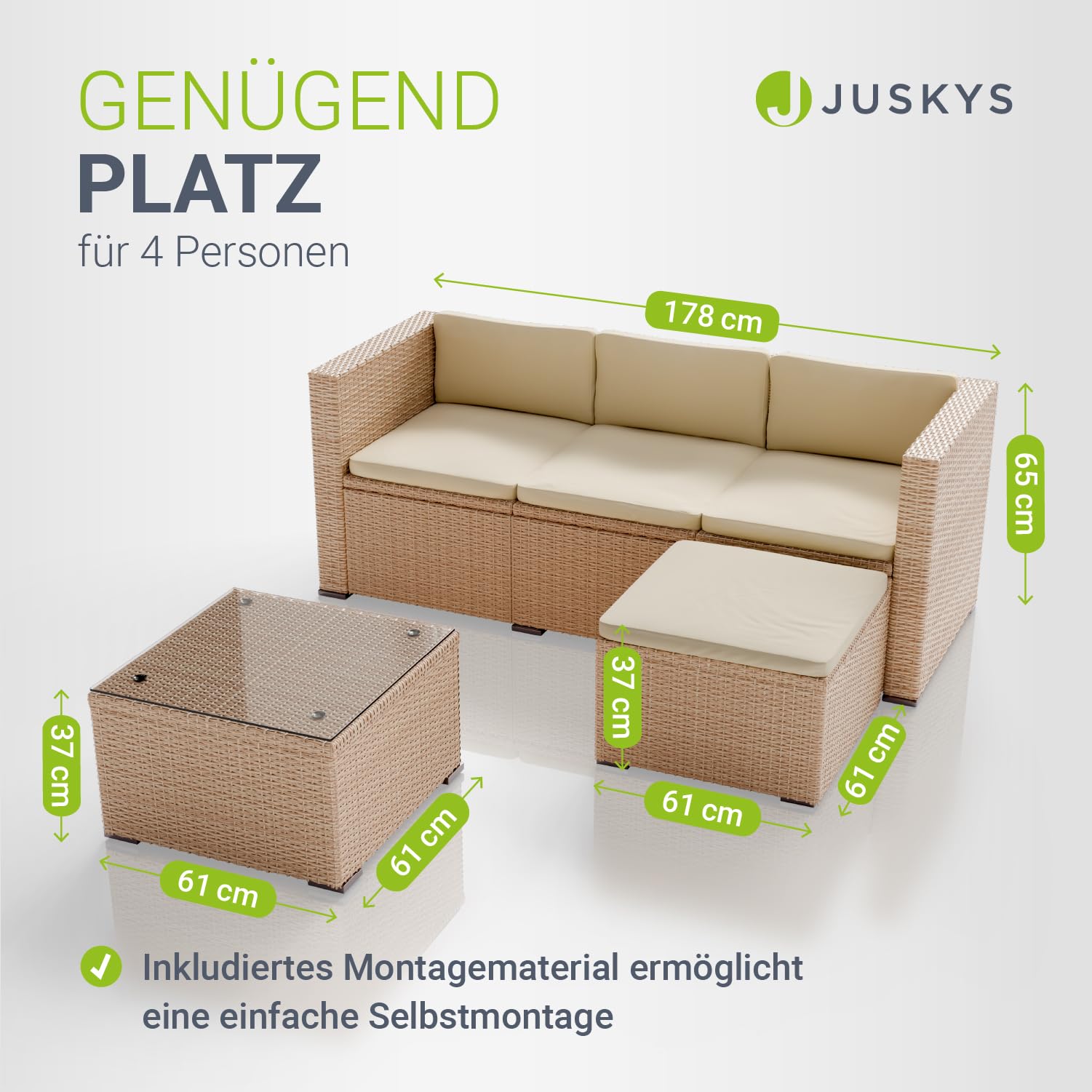 Juskys® Polyrattan Lounge Punta Cana M für 3-4 Personen mit 3er Sofa, Sessel, Tisch & Kissen, Sitzgruppe für Garten, Terrasse und Balkon, Gartenmöbel Set wetterfest - Creme