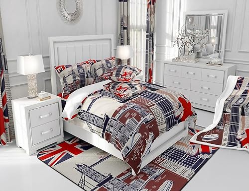 Miniatura 6 de Manfei Juego de sábanas infantiles de Londres, tamaño individual, con estampado de autobús Big Ben, para niños, diseño de mapa de bandera británica,