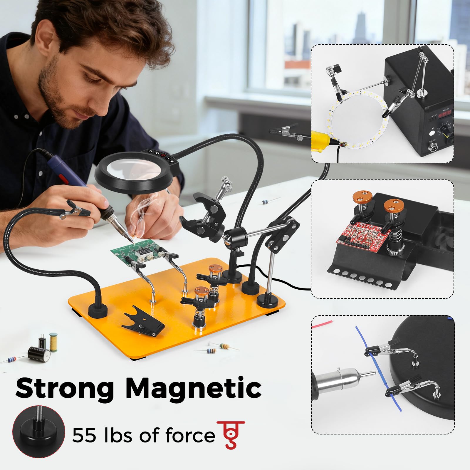 NOEVSBIG Stazione di saldatura Helping Hands con lampada d'ingrandimento 5X, bracci magnetici flessibili, morsetti per saldatura a 360°, morsa da banco da lavoro e grande base stabile e morsetto per