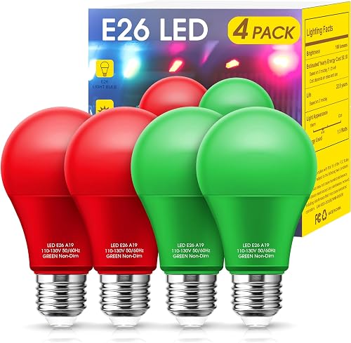Bombillas rojas verdes (paquete de 4)  Bombillas LED A19 rojas y verdes de 9 W (equivalente a 60 W)  Bombilla roja con base E26 para exteriores,