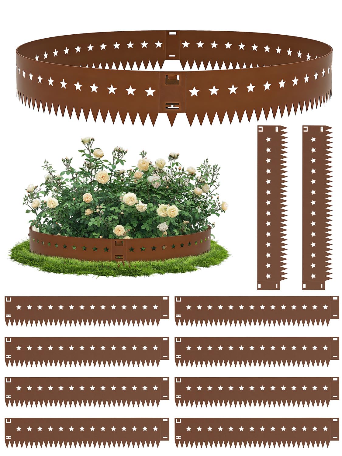 Bellanny Lawn Edging | Metal Garden Edging Border | 10Pcs 107.5×15cm Flexible Decorative Pathway Edge Strip - Pre-Rusted Galvanised Steel Landscape Border for Trees, Flower Bed, Grass, Plants,Driveway