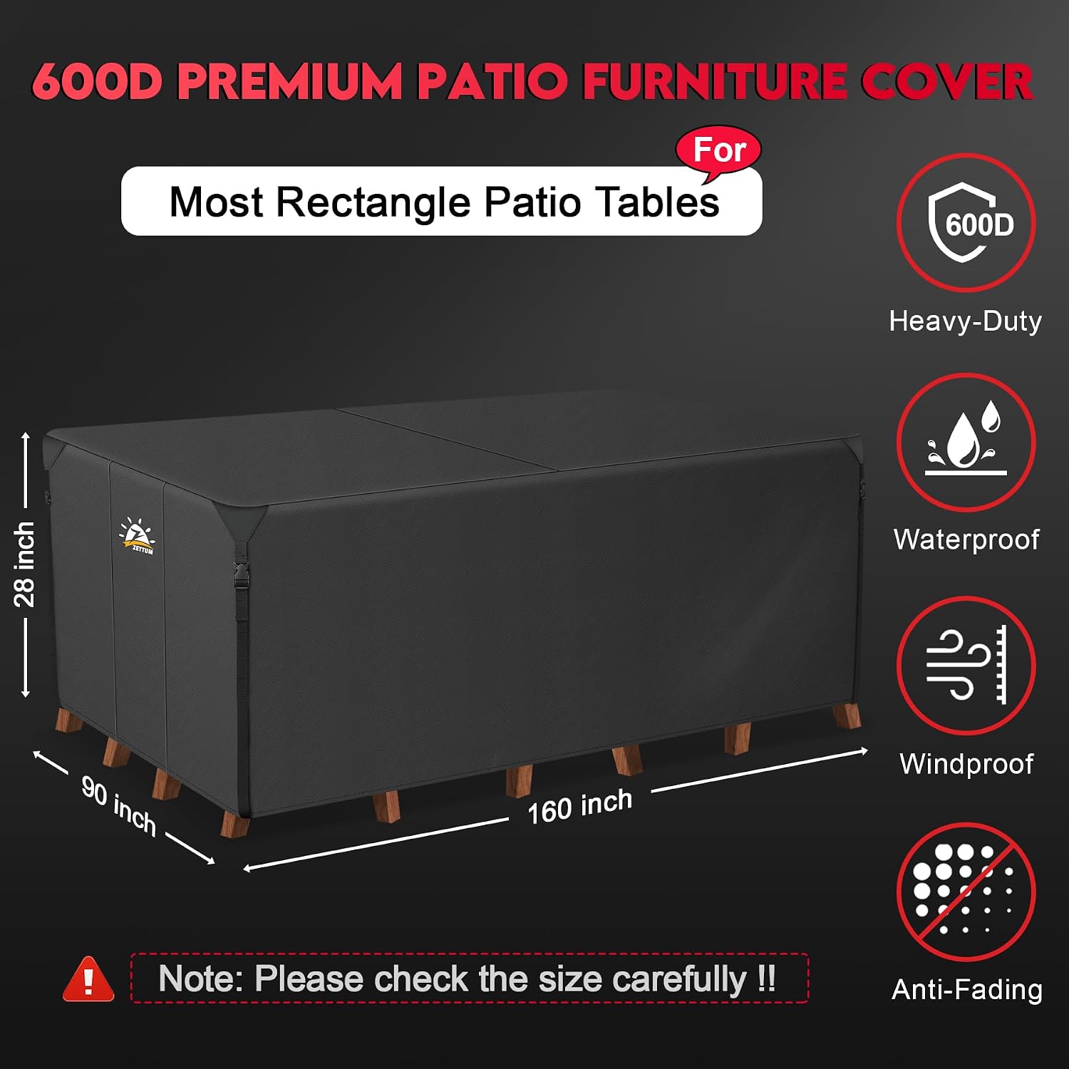 Zettum Patio Furniture Cover Rectangle - 160 x 90 x 28 Inch image 2