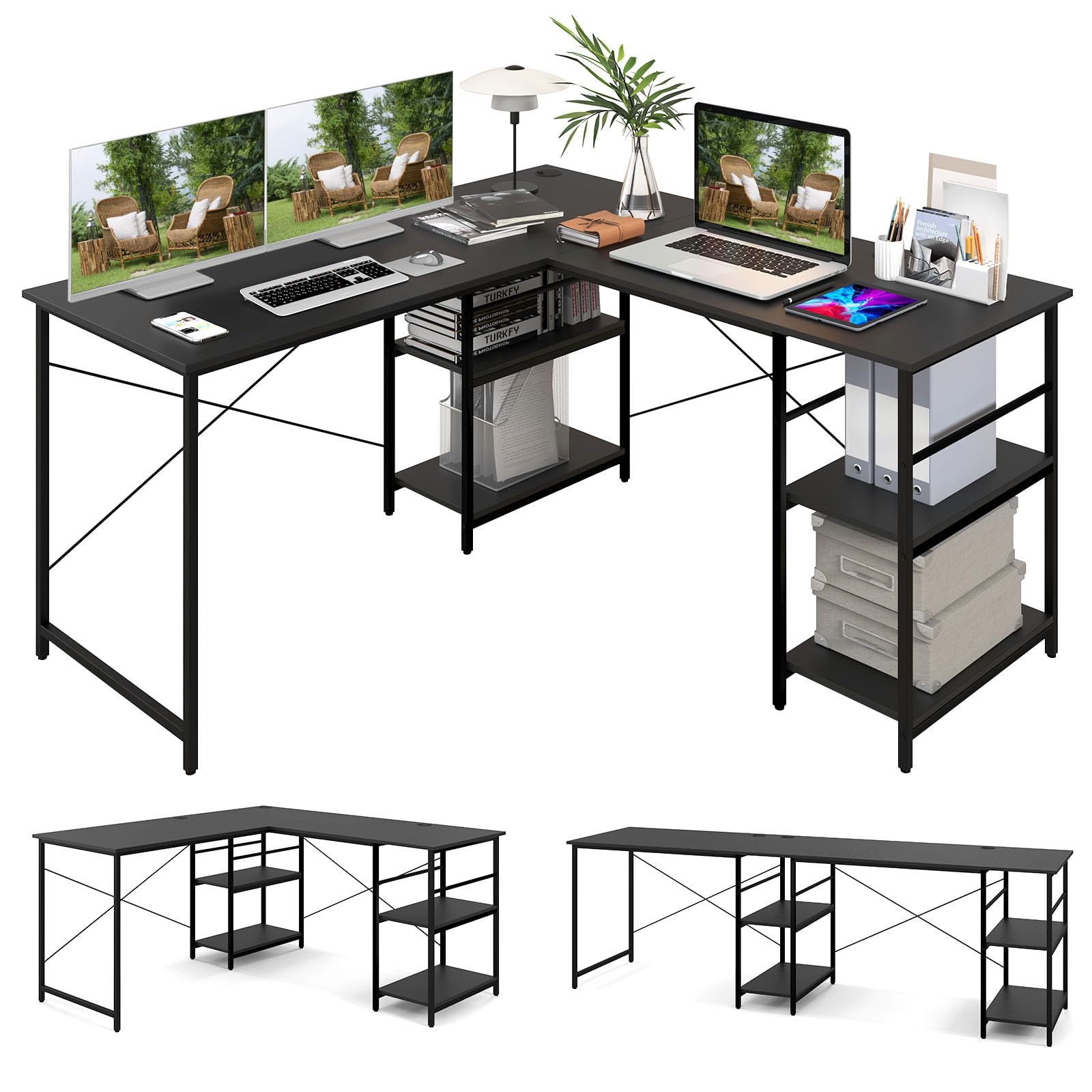 LIFEZEAL Scrivania Angolare a Forma di L, Scrivania Reversibile ad Angolo, Scrivania Lunga, Porta 2-3 Computer, 4 Ripiani, Telaio in Acciaio, Postazione di Lavoro, Ufficio, Studio, Max 180 kg, Nero