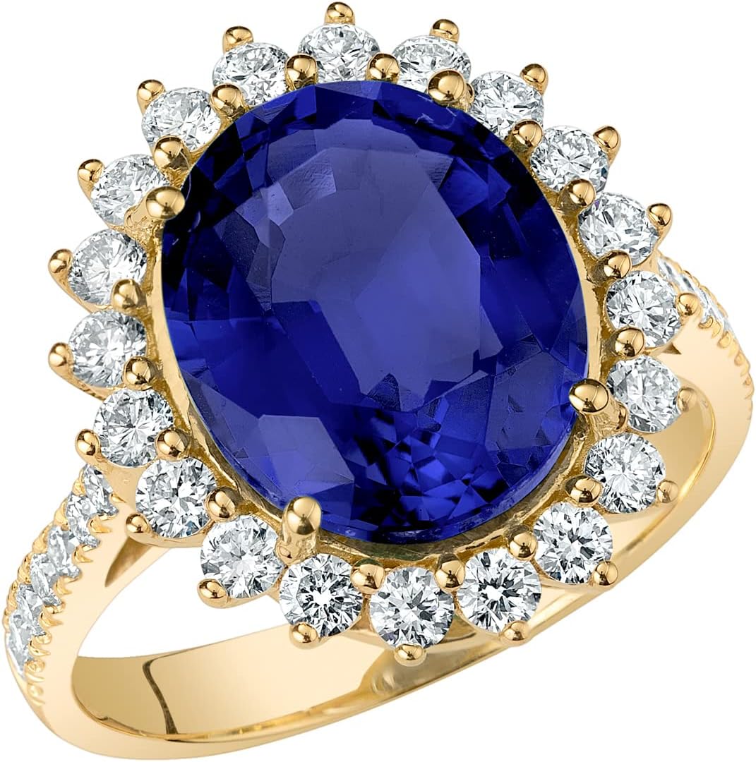 PEORA 14K Gold Created Blue Sapphire and Lab Grown Diamond Ring for Women, 8 Carats Total, 12x10mm Oval Shape, Sizes 4 to 10