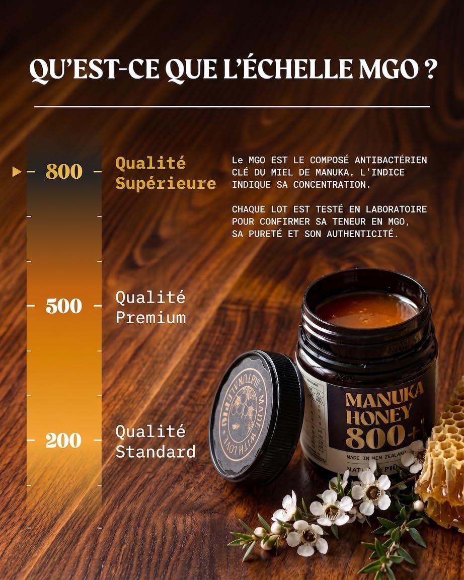 NaturalePiù Miel de Manuka 800+ MGO - 250g Brut et Bio de Nouvelle-Zélande - Miel cicatrisant monofloral - Pour Thé, Smoothies et Pâtisserie - Pur et Actif - Méthylglyoxal Certifié en Laboratoire