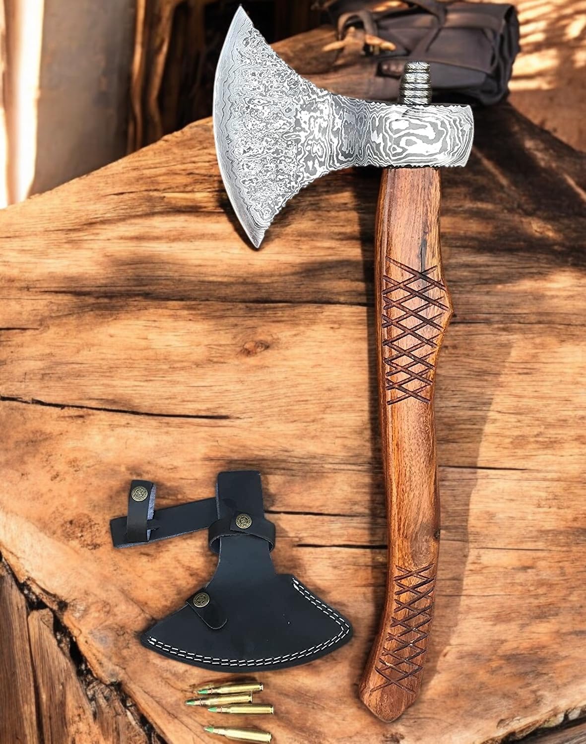 Poshland AX-7000 Custom Gift Forged Damascus Steel Vintage Axe with Rose Wood Shaft, Viking Bearded Camping Axe (AX-7000) (AX-8194)