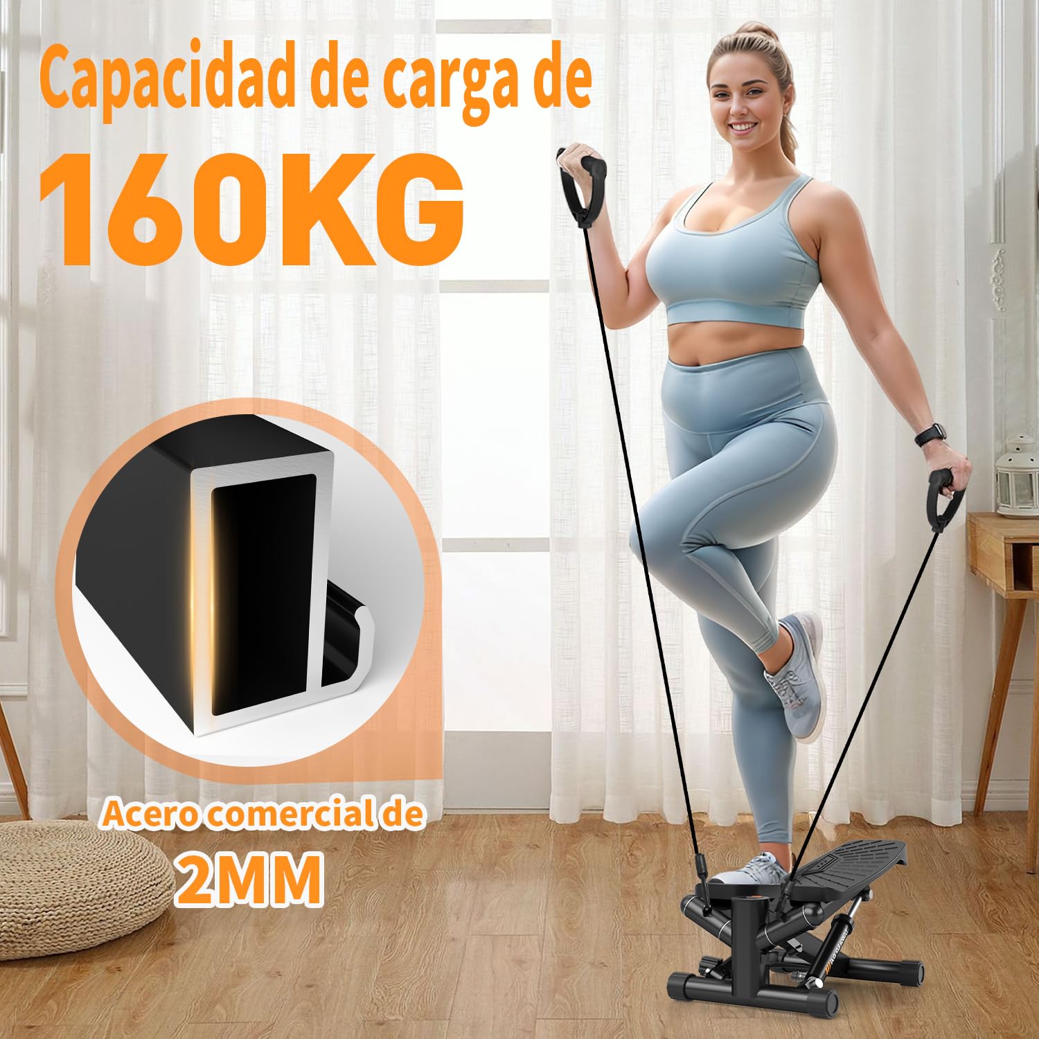 VANNECT Stepper Fitness 2 en 1 con Power Ropes, Mini Stepper Casa 150kg con Multifunción Monitor LCD, Escalón de Balanceo hacia Abajo para Entrenamiento de Pierna/Brazo/Glúteos, Oficina en casa