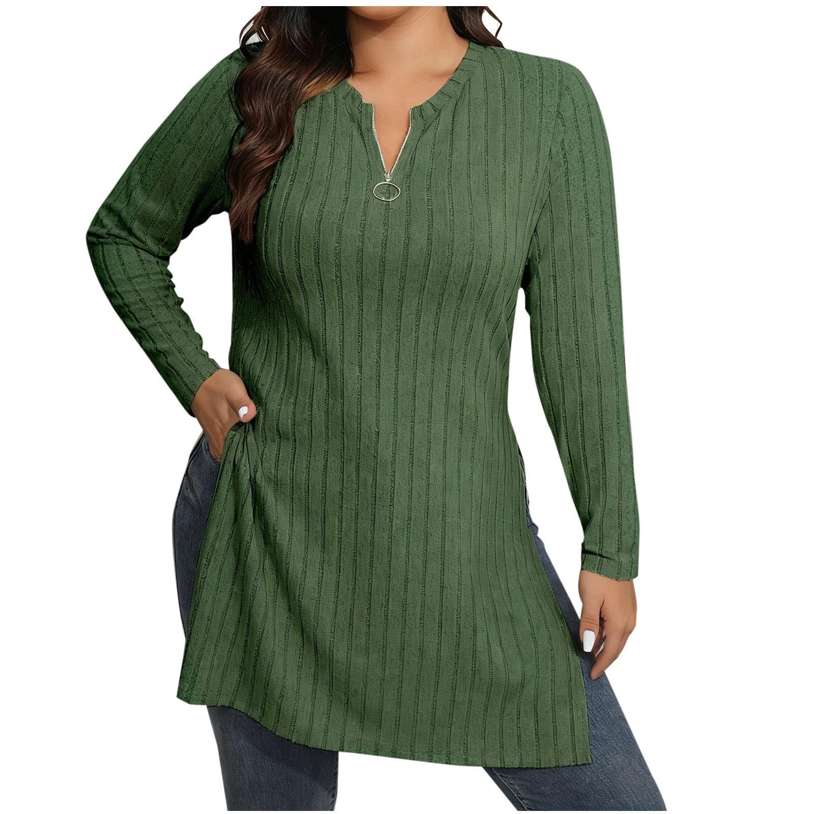 Quarter Zip Pullover Women Long Sleeve Knit Sweater V Neck Fall Tops Fashion Clothes Slit Hem Solid Color