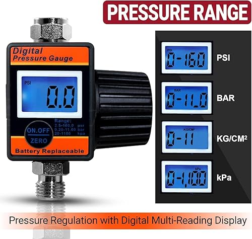 Miniatura 5 de LE LEMATEC Regulador digital de presión de aire, válvula de flujo de aire de diafragma NPT de 14 de pulgada de hasta 160 PSI medidor digital para