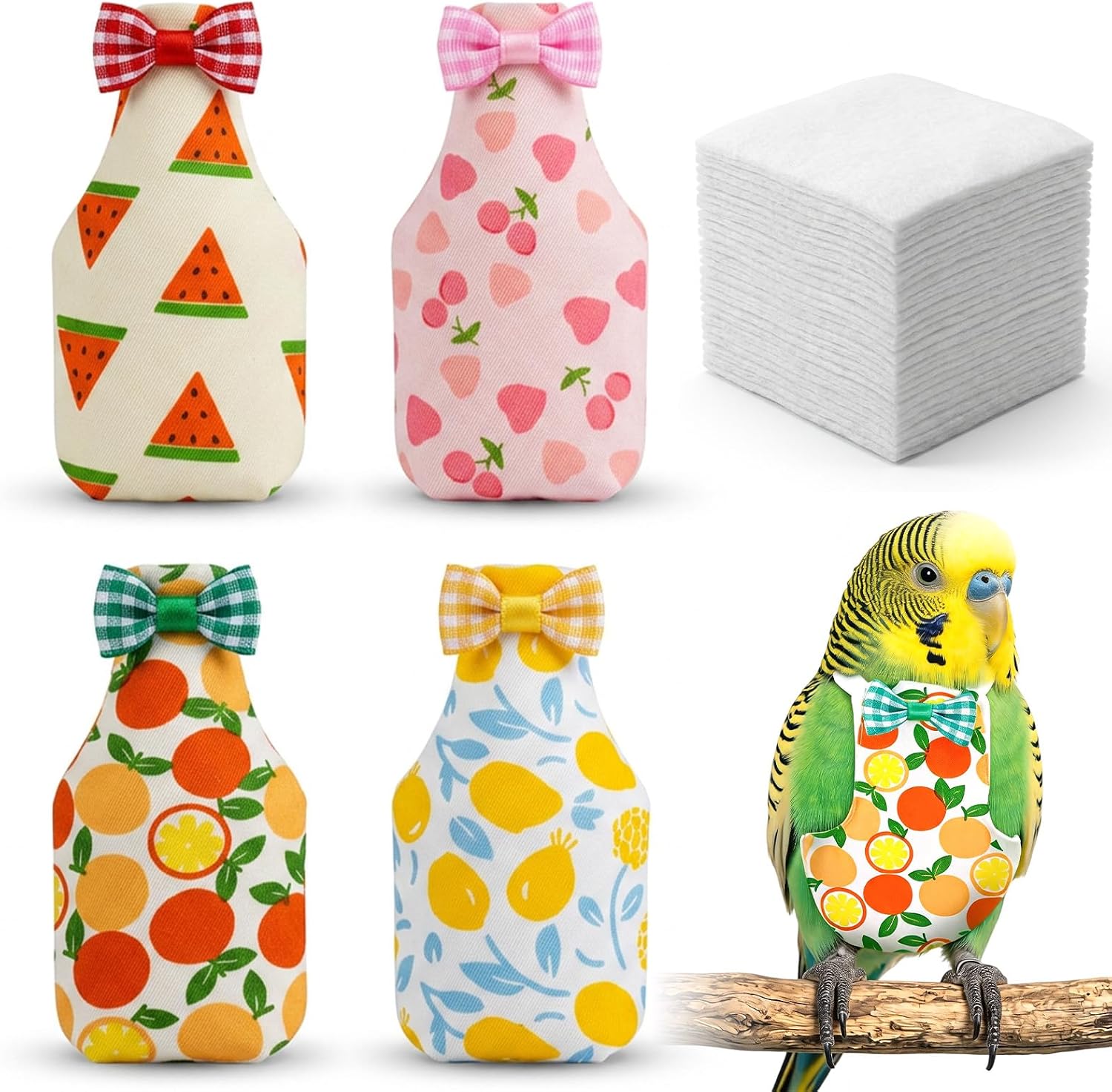 4 Pcs Bird Diaper Reusable with 100 Pads, Parrot Nappy Flight Suit Waterproof Inner, Adjustable Pet Bird Diapers for Cockatiel Budgie Parakeet Lovebird Conures Parrots - Small