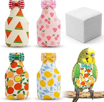 4 Pcs Bird Diaper Reusable with 100 Pads, Parrot Nappy Flight Suit Waterproof Inner, Adjustable Pet Bird Diapers for Cockatiel Budgie Parakeet Lovebird Conures Parrots - Small