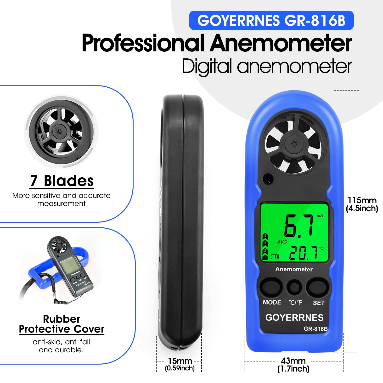 Anemometro Digitale,GR-816B anemometro portatile con velocità del vento 0.3-30m/s,retroilluminazione per misurazione del wind chill,velocità del vento/temperatura(℃/℉)per le riprese Windsurfing Pesca