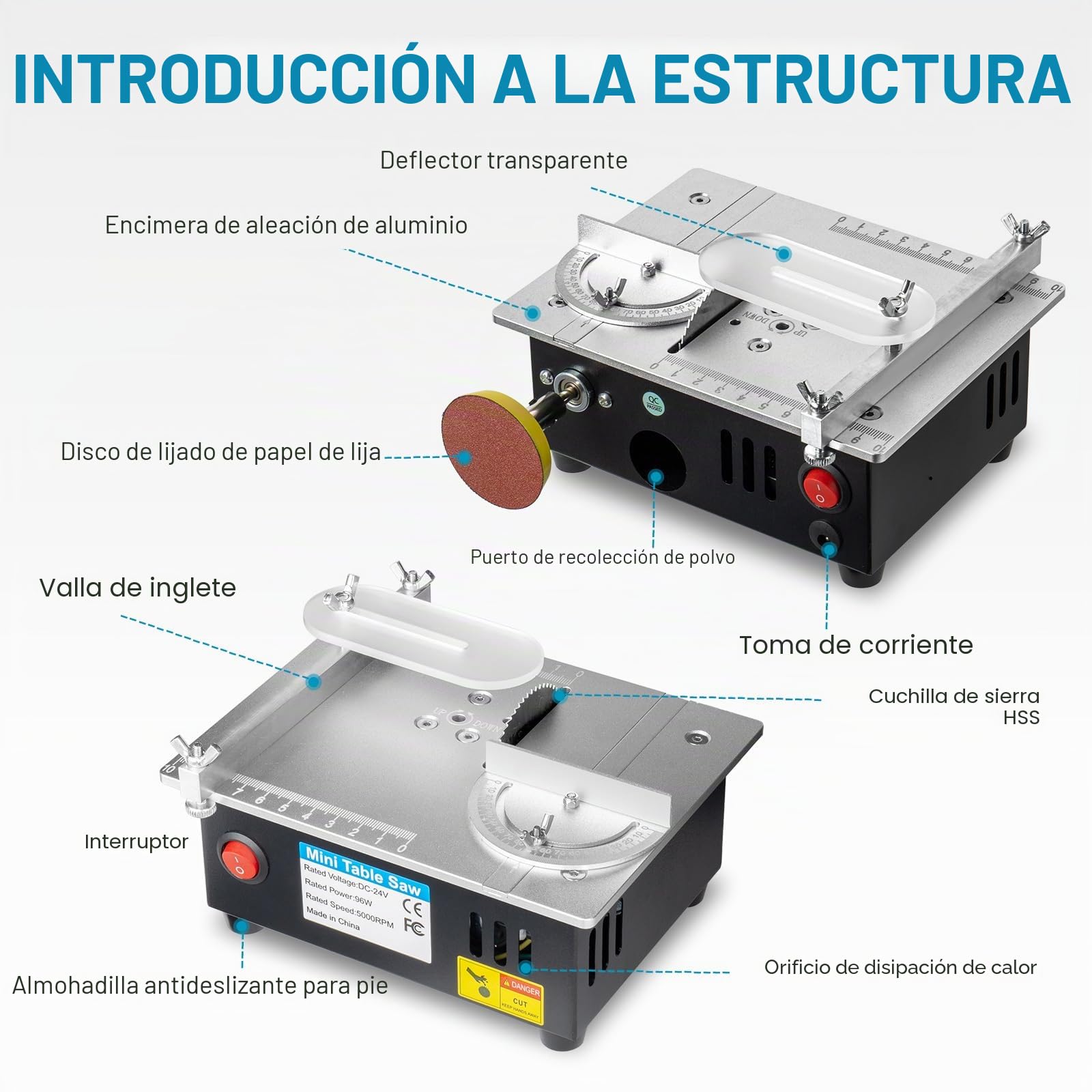 Mini sierra de mesa con disco de pulido y 4 cuchillas intercambiables, 7 velocidades ajustables, hoja de sierra portátil regulable en altura de 0,1-15 mm, con persiana de seguridad