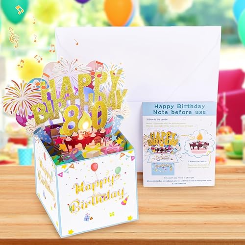 Miniatura 5 de Tnvee Tarjetas de cumpleaños número 80 con luces, música y velas, tarjetas 3D grandes emergentes de feliz cumpleaños para mujeres y hombres,