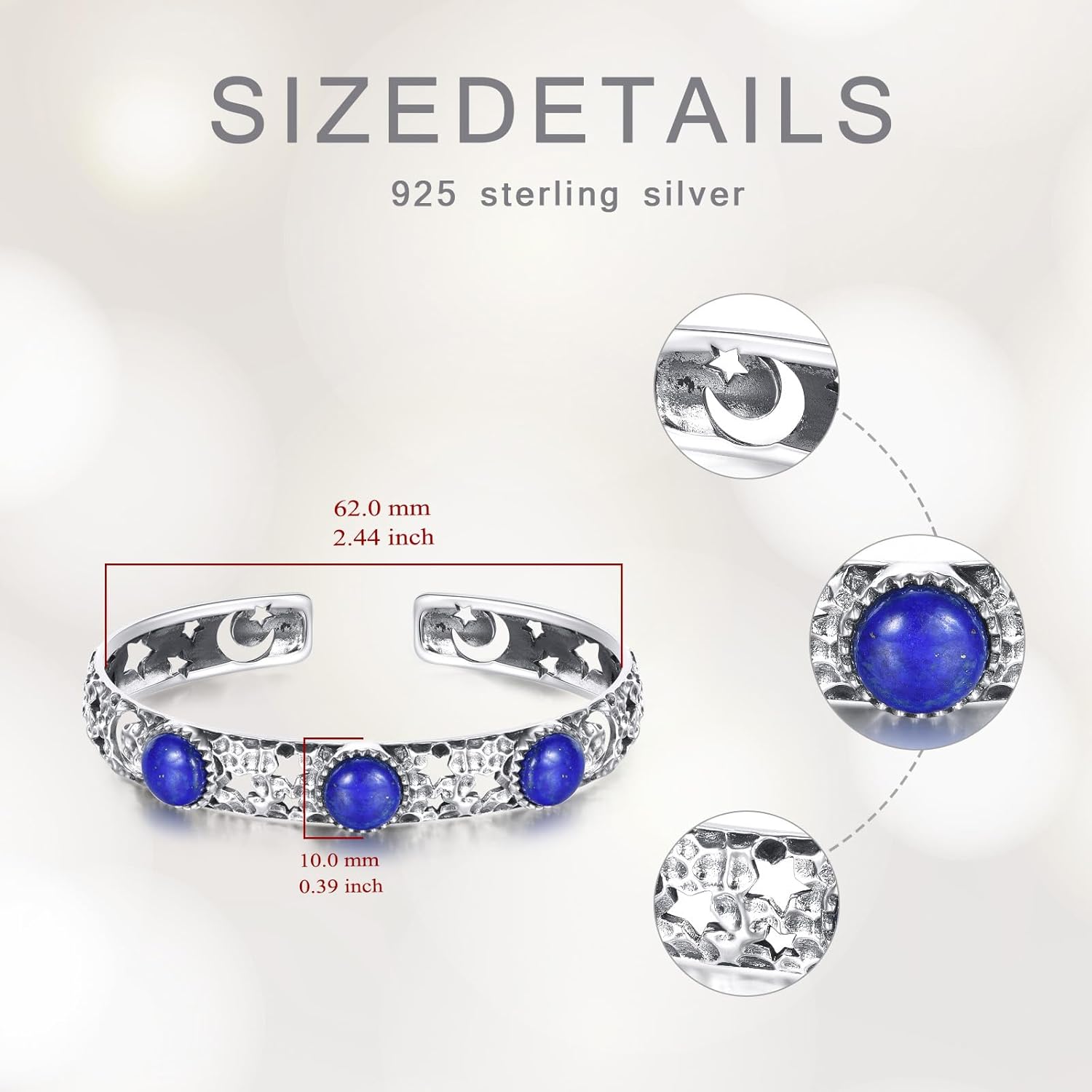 Lapis Lazuli Bracelet for Women, Sterling Silver Open Adjustable Cuff Bangle with Star and Moon Design, Birthstone Jewelry Gift - Image 8