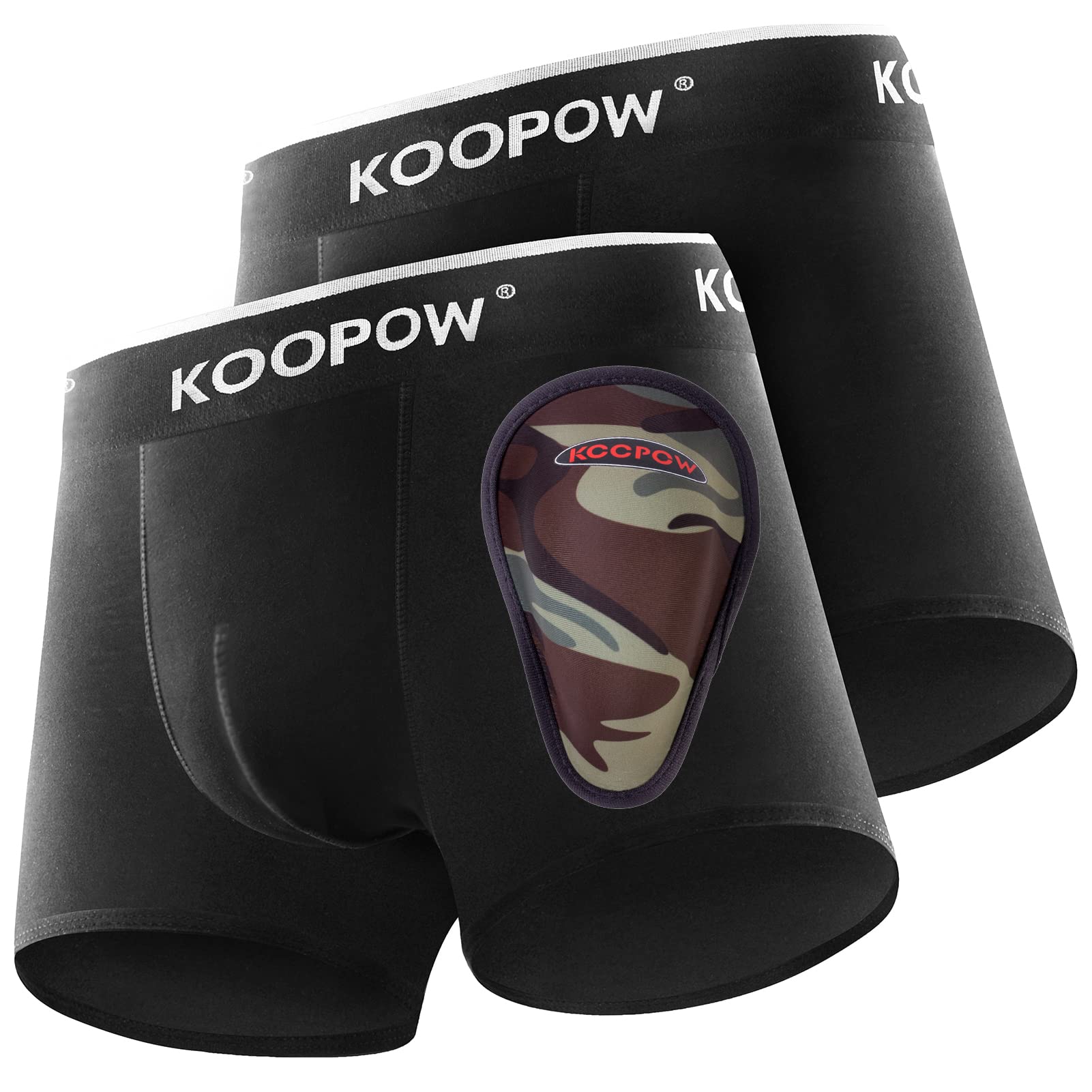 KOOPOW 2-Pack Boys Compression Briefs with Soft Protective Athletic Cup, Youth Peewee Underwear for Baseball, Football, Black Camo(2-pack), S