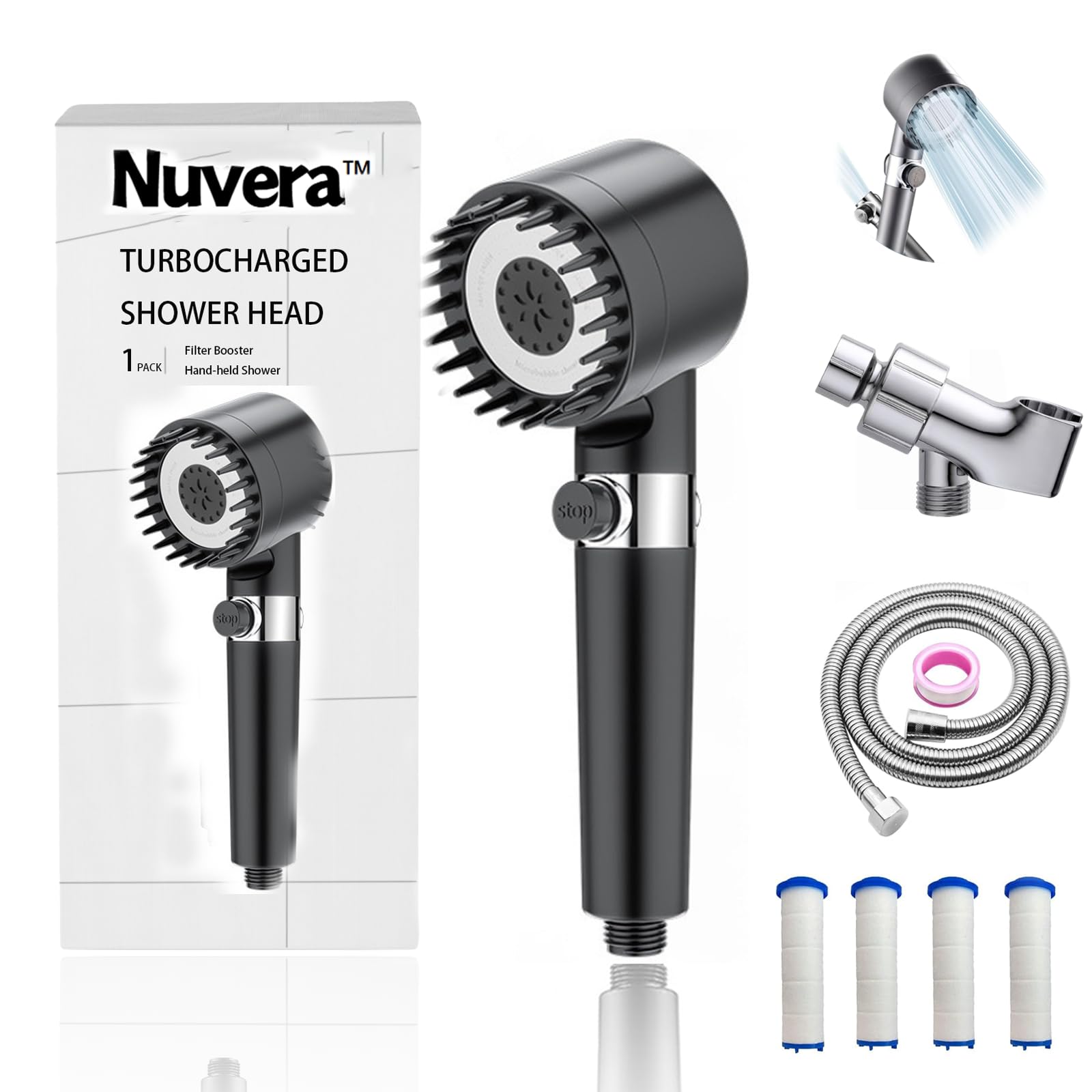 Nuvera Filtered Showerhead, High Pressure Nuvera Handheld Showerhead with 4PCS Water Filter, One-Touch Pause Switch Fits for Men, Women, Children and Pets