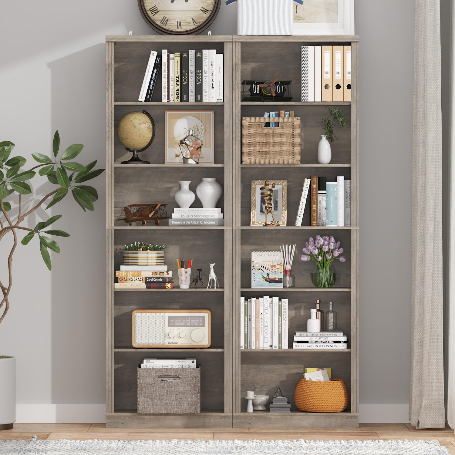 Thacuok Grey Bookshelf, 75" Tall Bookcase, 6 Tier Adjustable Storage Shelves, Book Shelf with Anti-Tipping Device, Floor Standing Modern Display Rack for Living Room, Bedroom, Office