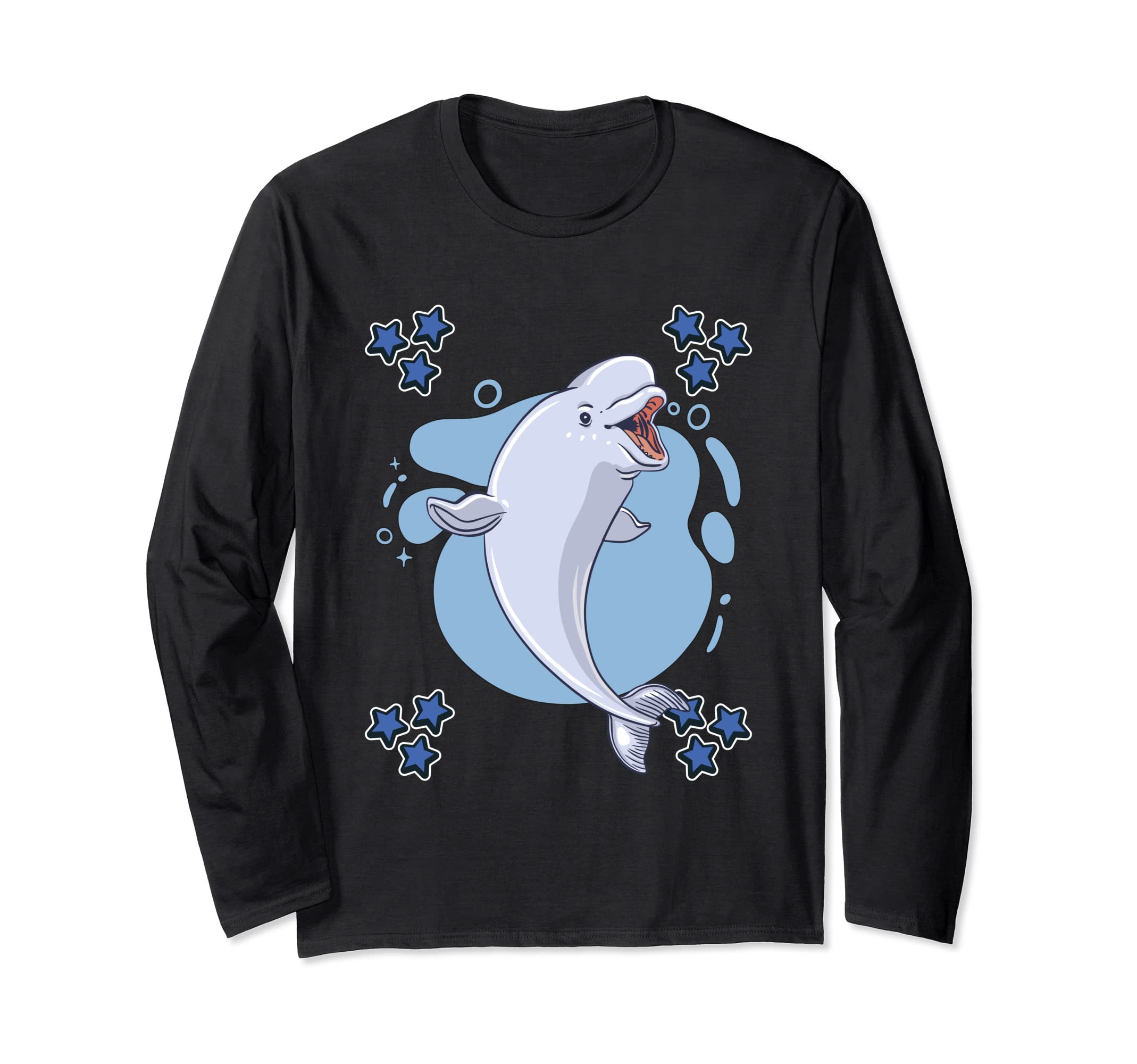 Mens Beluga Whale Art Drawing Stars Boys Beluga Whale Long Sleeve T-Shirt, Black