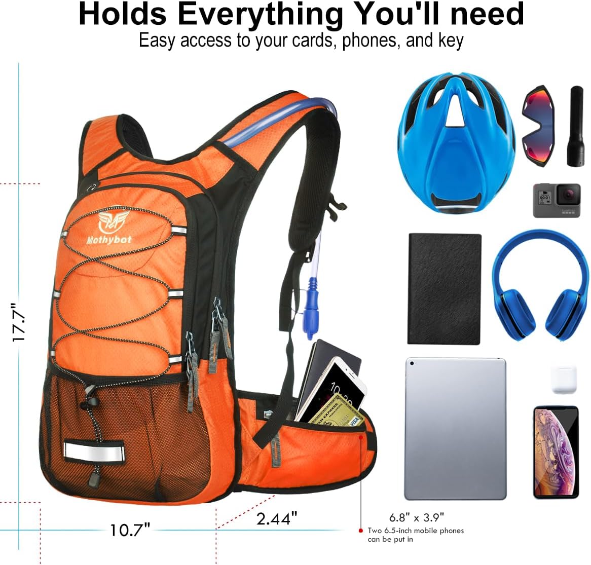Mothybot Insulated Hydration Backpack Pack with 3L BPA Free Leak Proof Water Bladder, Large Storage Lightweight Hiking Daypack with Waist Pouches & Cooler Layer, for Running, Biking, Camping, Festival