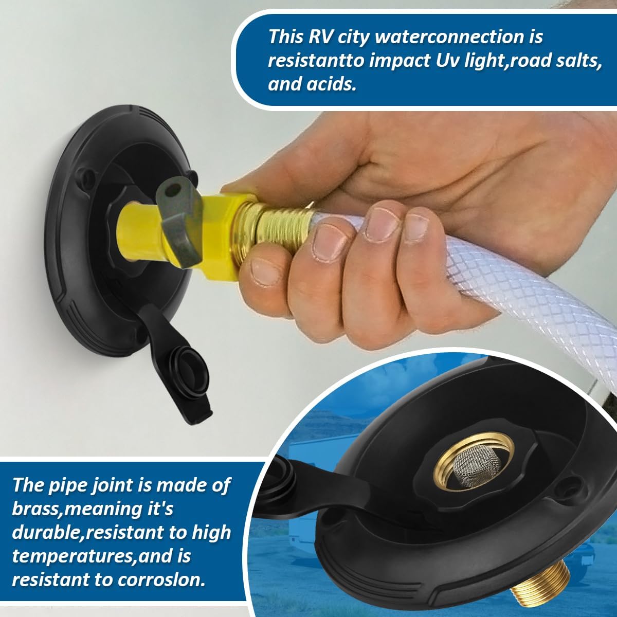 RV City Water Inlet with Check Valve, RV Water Fill Inlet Connection with 3/4 NH Female to 1/2 NPT Male Lead-free Brass City Water Inlet Flange for RV, RV Water Inlet Replacement