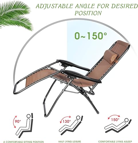 Miniatura 4 de Juego de 2 sillas ajustables de gravedad cero, Textilene plegable para exteriores con almohada extraíble, reclinables portátiles y livianas para