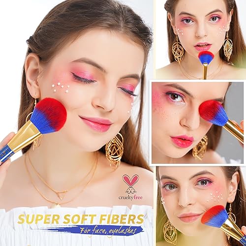 Miniatura 3 de Docolor Juego de 19 brochas de maquillaje para gatos Bastet con parte superior plana verde neón Kabuki, cepillo de base Kabuki sintético de alta