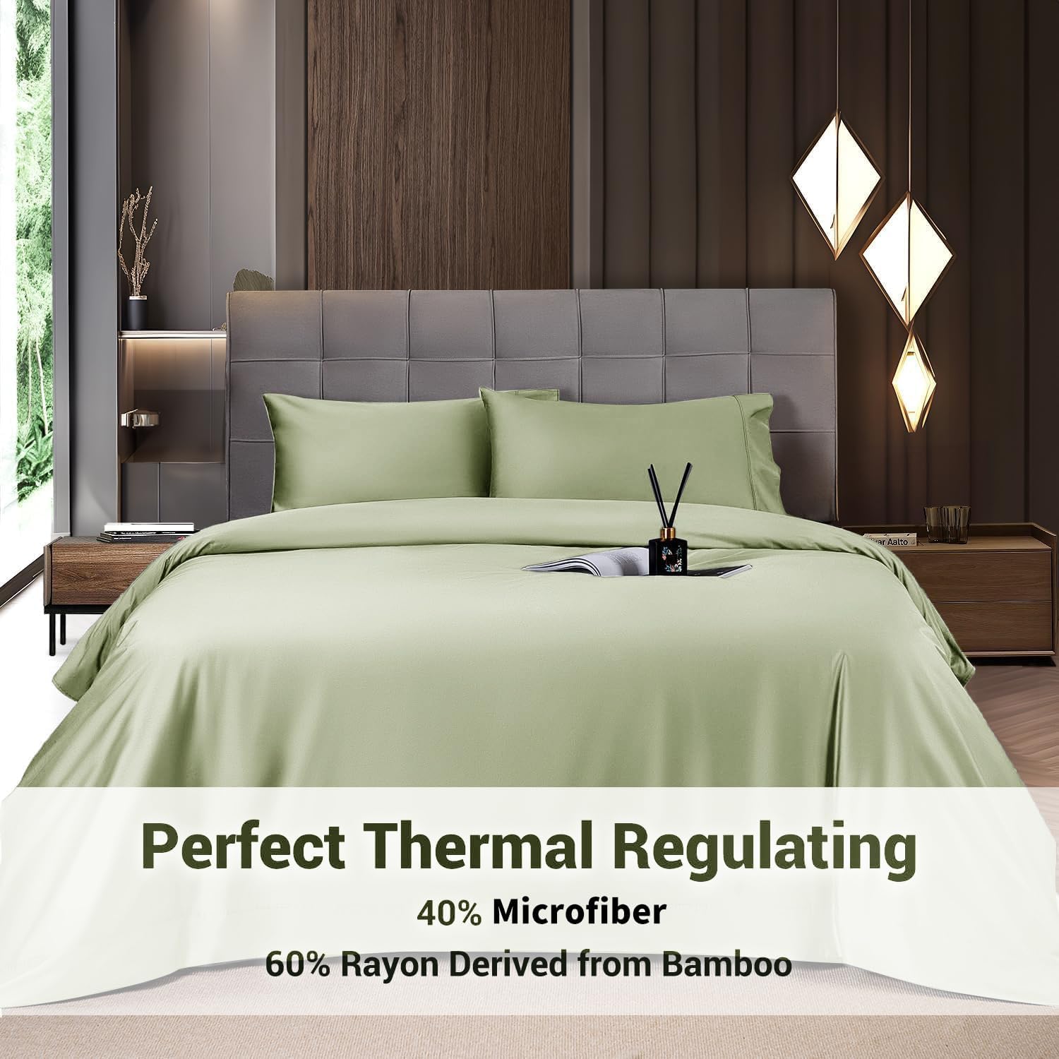 Shilucheng 4 Piece King Sheet Sets, Cooling Sheets, Blend Rayon Derived from Bamboo, Deep Pocket Up to 16", Breathable & Soft Bed Sheets, Hotel Silky Bedding Set, Sage Green - Image 2