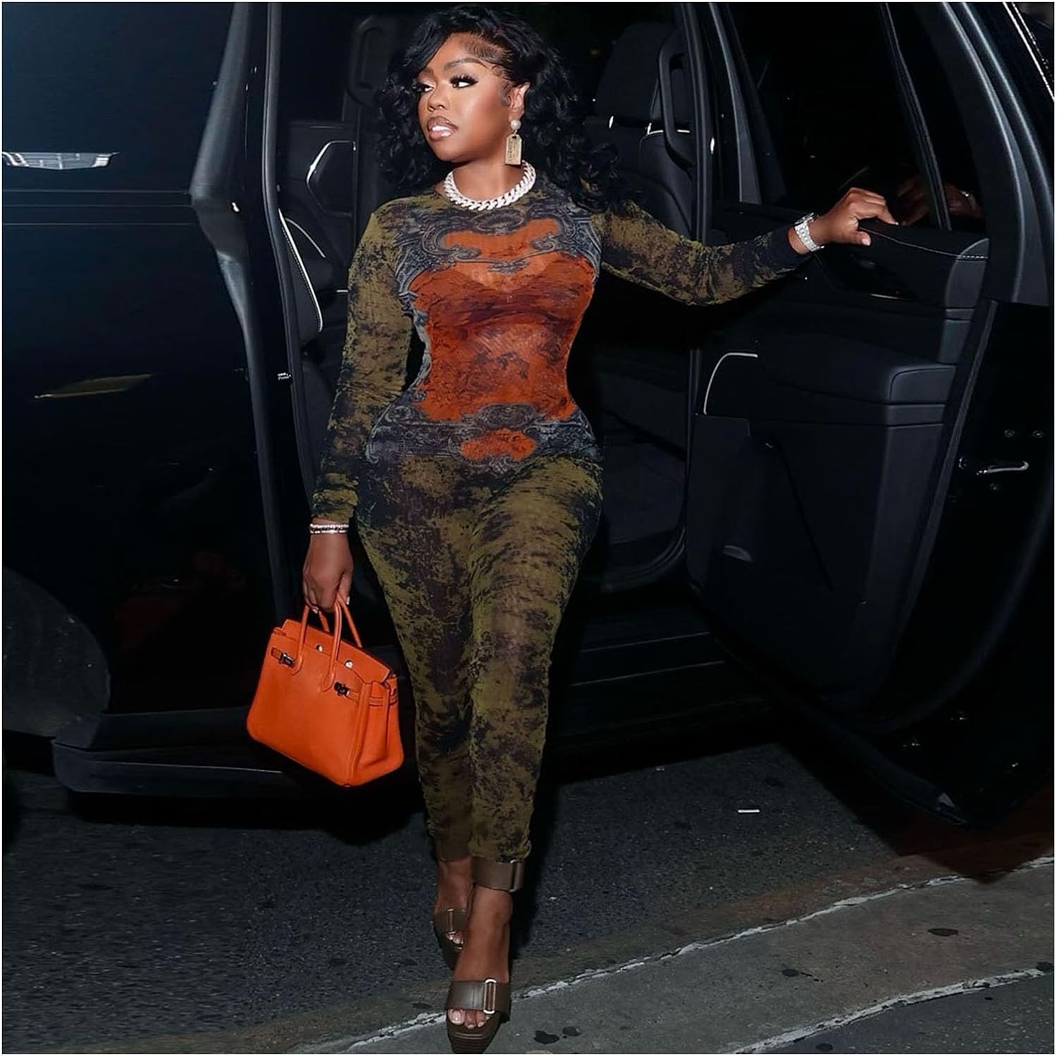 Women Sexy See Through Mesh Jumpsuit Long Sleeve Digital Print Bodycon Party Club Rompers - Image 2