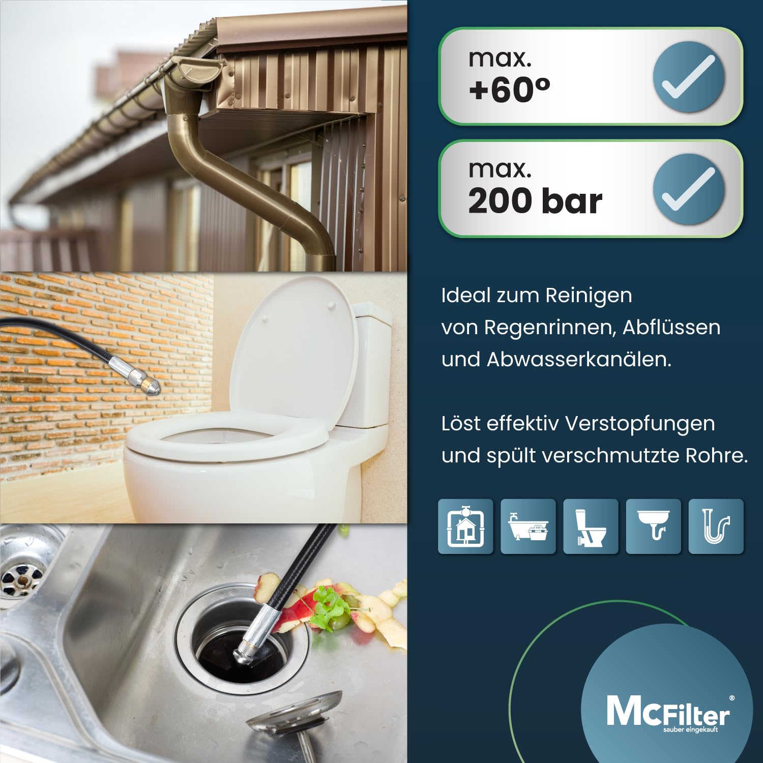 McFilter Universal Rohrreinigungsschlauch Set 15m 200 bar kompatibel mit Kärcher K2 K3 K4 K5 K6 K7