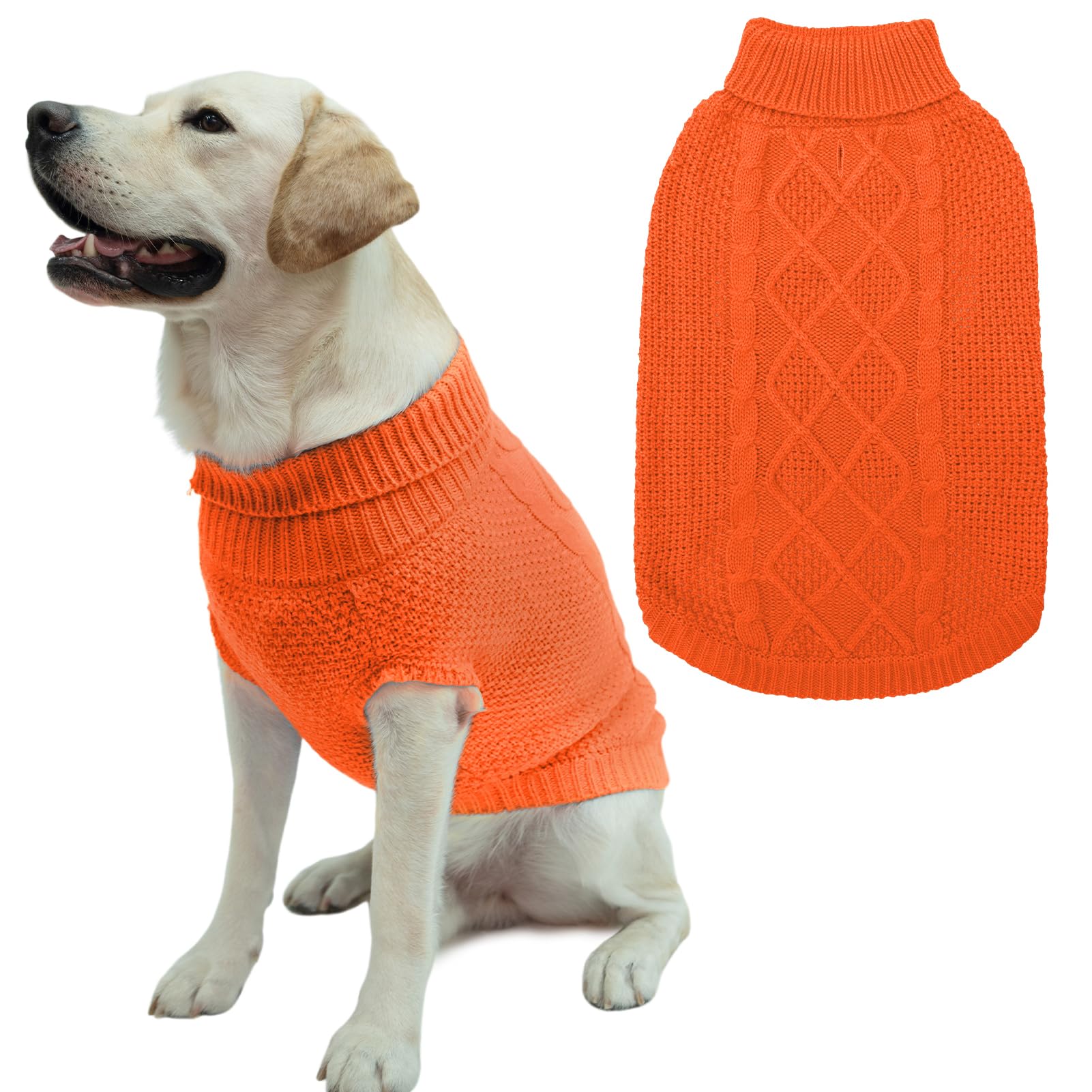 Mihachi Turtleneck Dog Sweater - Winter Coat Apparel Classic Cable Knit Clothes with Leash Hole for Cold Weather, Ideal Gift for Pet in New Year Orange, Medium/Large — image 1