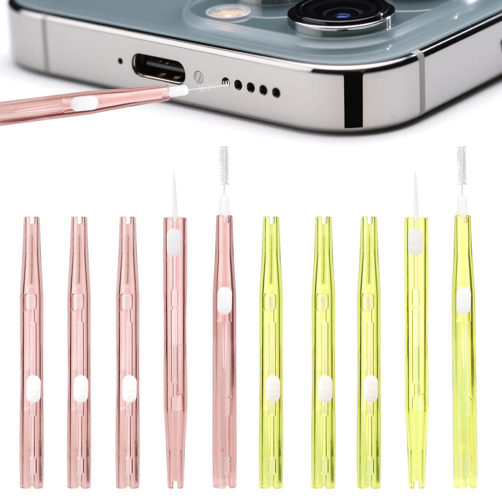 10pcs Phone Cleaning Kit, Anti-Clogging Bristles & Hook Charging Port Cleaning Brush Double-Sided Dust Remover Charger USB C Cleaner Tools for Mobile Phone Earbud Speaker Headphone (Pink and Yellow)