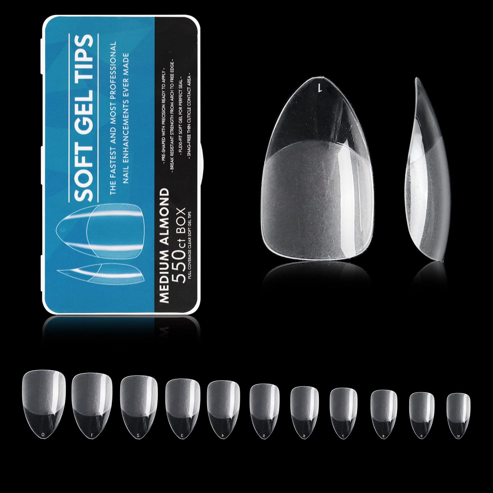 Almond Soft Gel Nail Tips 550pcs, DIQUELIANG Full Cover Pre-shape Gelly Tips Acrylic Nail Tips False Nails for Nail Extension, Home DIY Nail Salon, Common Size 5,6 Repeat, Fake nail in 9 Sizes
