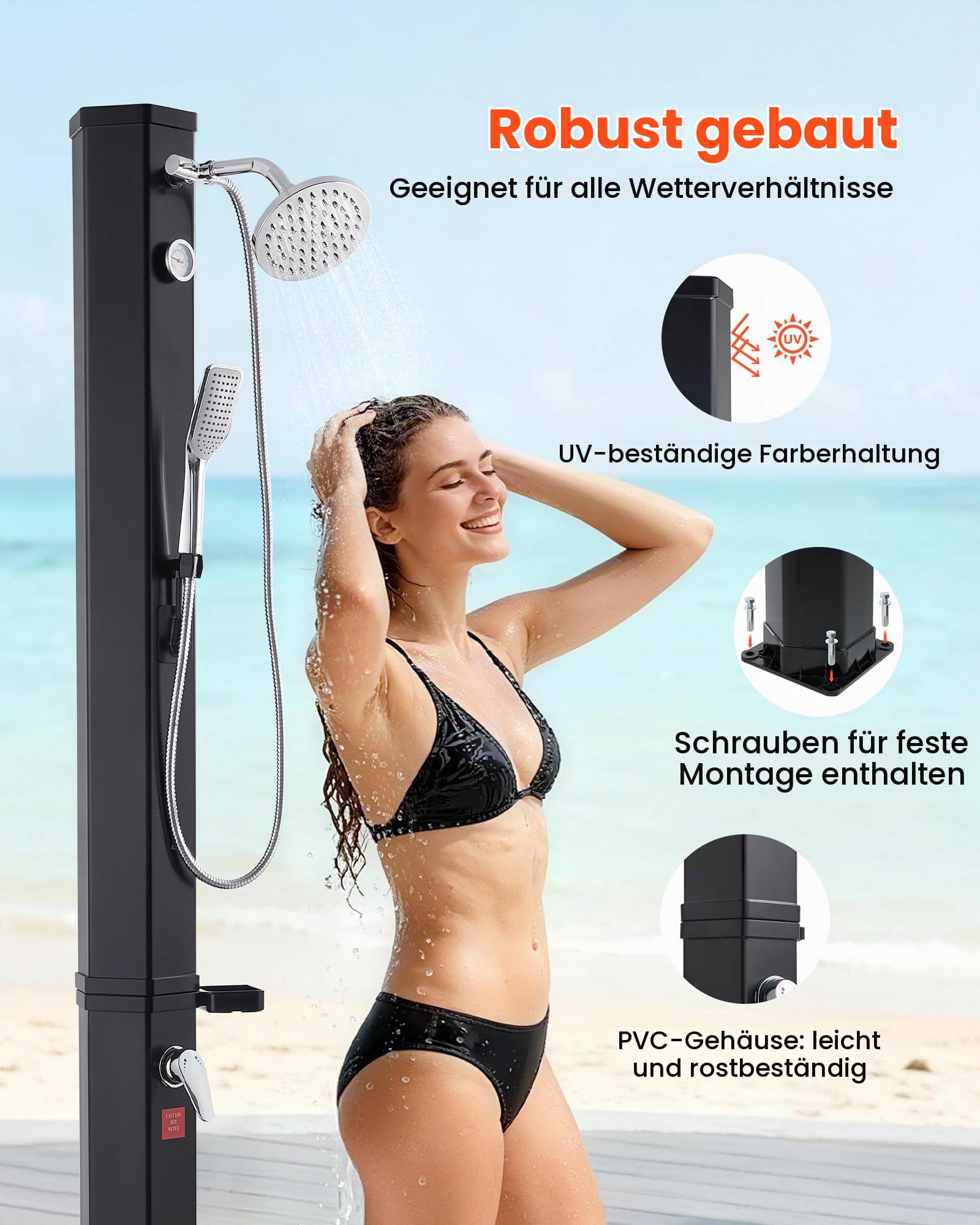 VEVOR Solardusche 40 L, Gartendusche 2290 mm, Außendusche, mit Hand-& Fußarmatur, Warm- & Kaltwasserregulierung, Pooldusche max. 60 °C, Campingdusche für Garten, Poolbereich, Strandpool, Schwarz