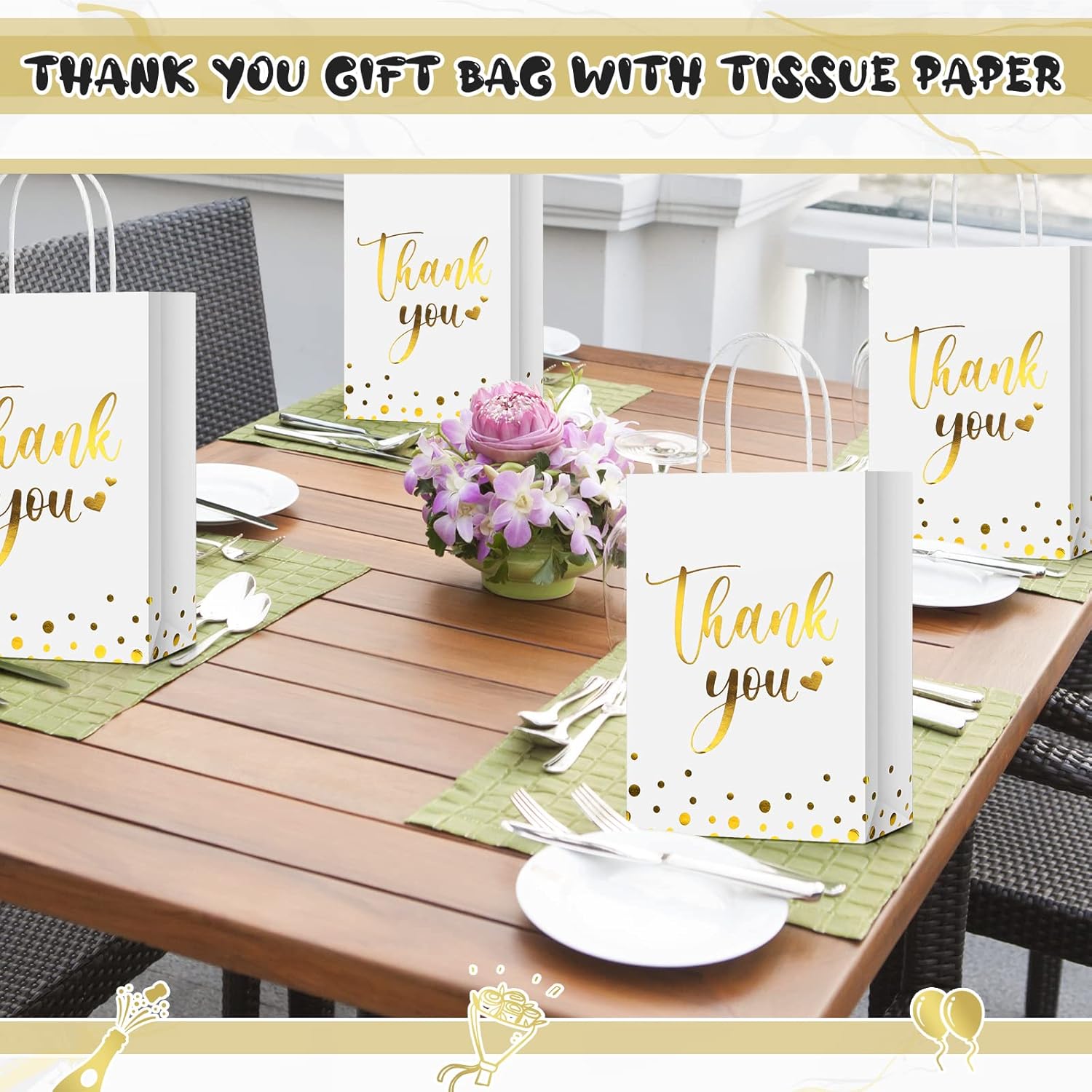 Tinlade 100 Pcs Thank You Gift Bags Bulk Paper Gold Thank You Wedding Bags with Handle for Business, Shopping, Wedding, Baby Shower, Party Favors (White) - Image 4