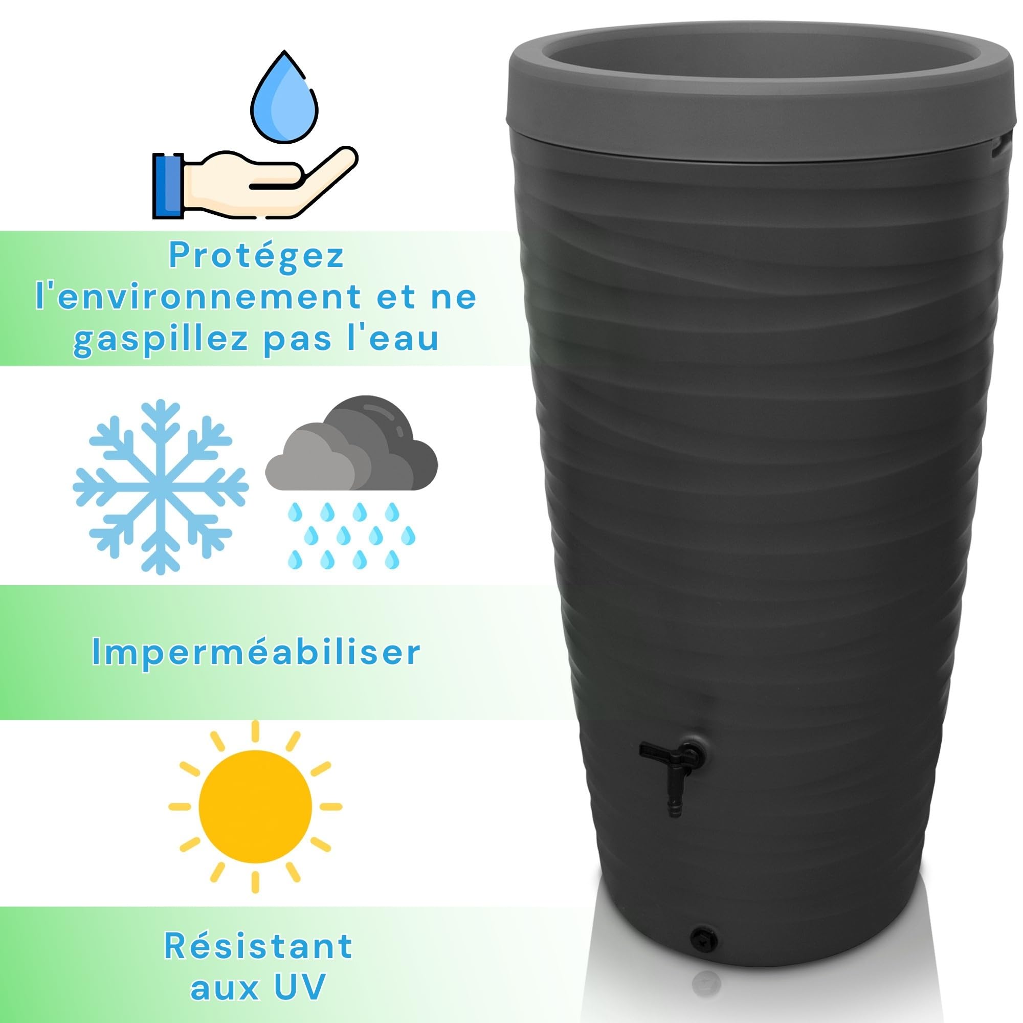 YourCasa Récupérateur d'eau de Pluie 240 L, Design Wave, Gris | Cuve de récupération eau de pluie avec jardinière intégrée, robinet et raccords 3/4" — fabriquée en Europe