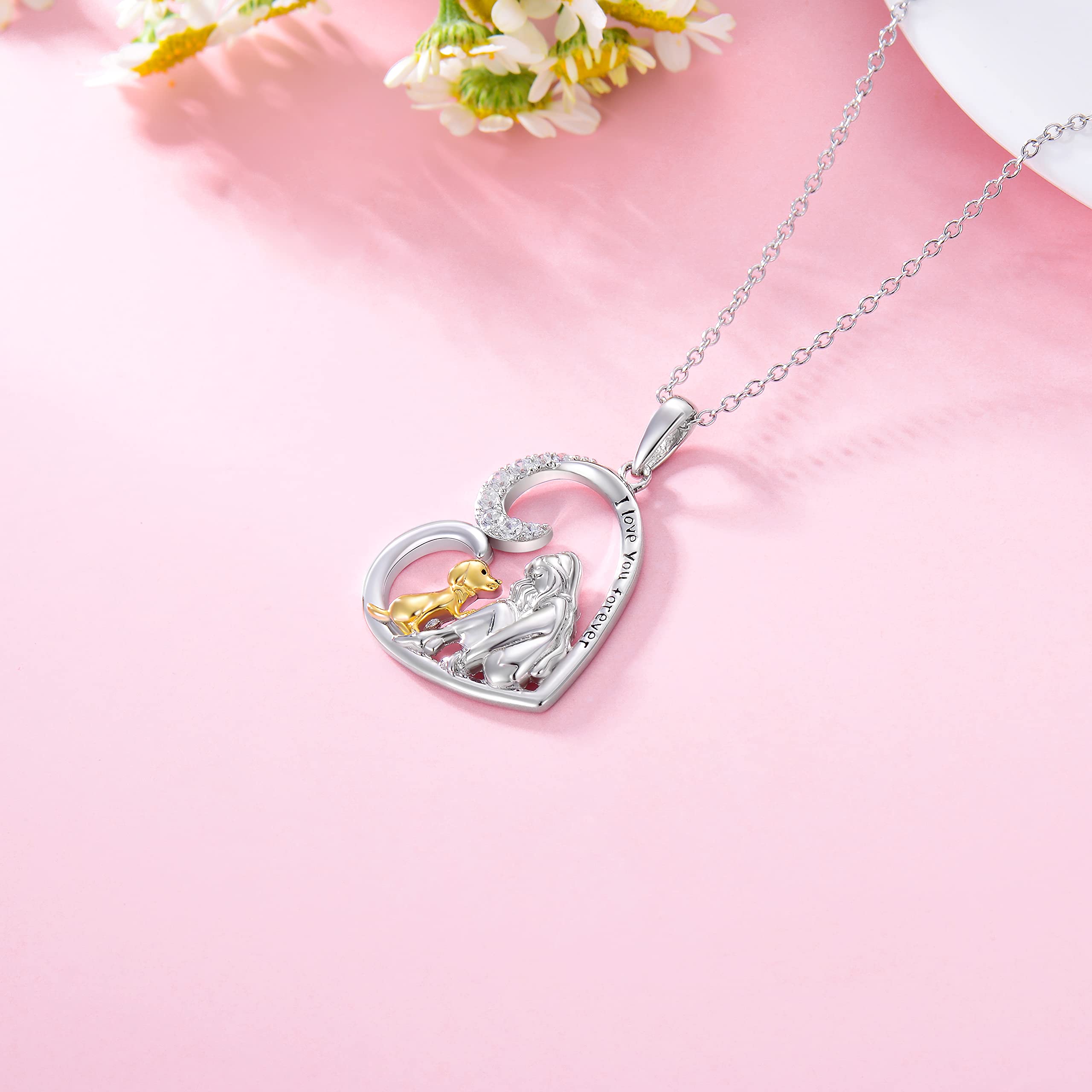 ROMANTICWORK Collana cane e bambina in argento 925 Collana con ciondolo a forma di cane a cuore d'amore Regali di gioielli per cani per le donne amanti dei cani figlia